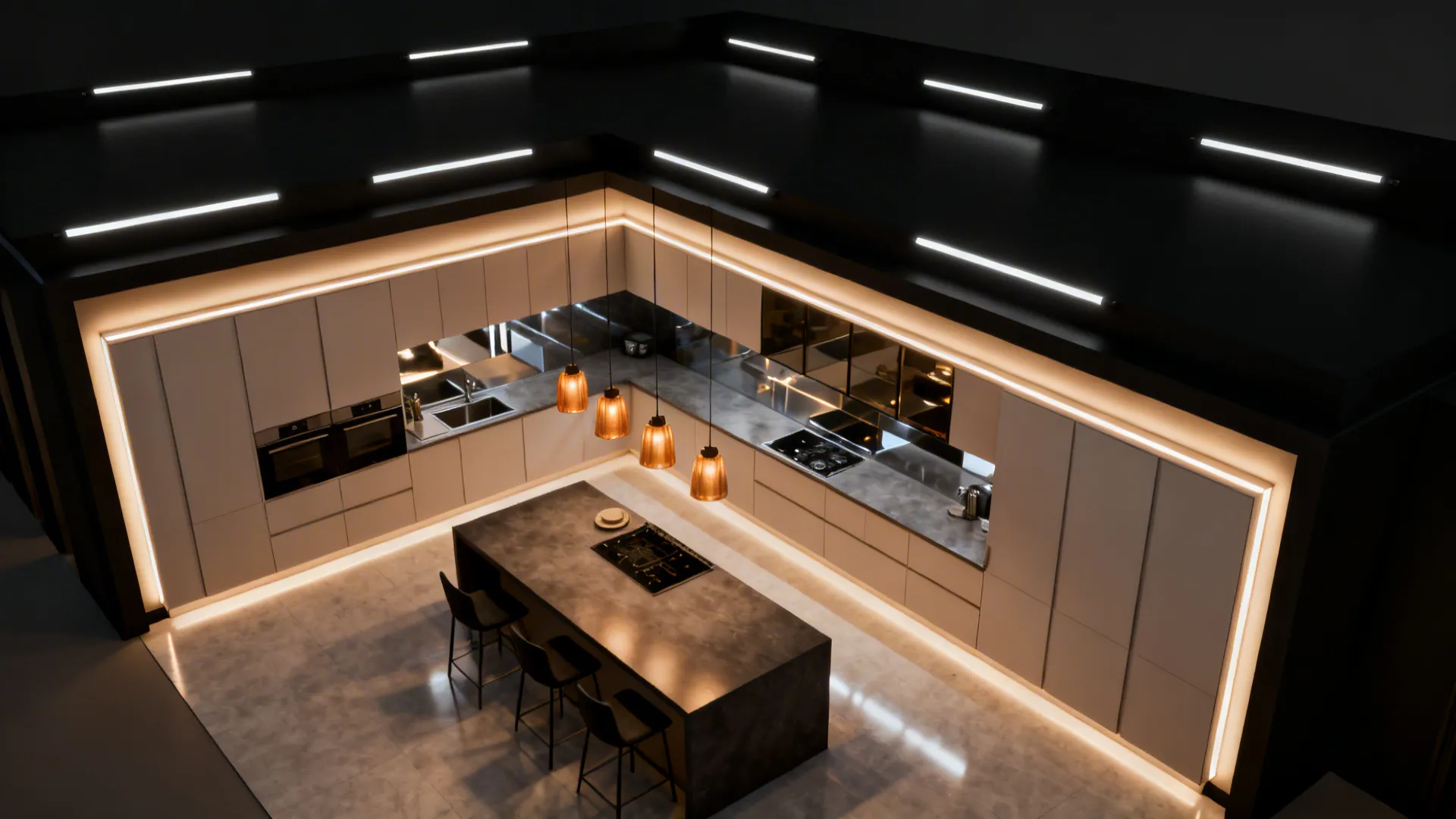 Top-down kitchen view showing strip lights, pendants, and cove lighting paired with a black ceiling to maintain brightness.