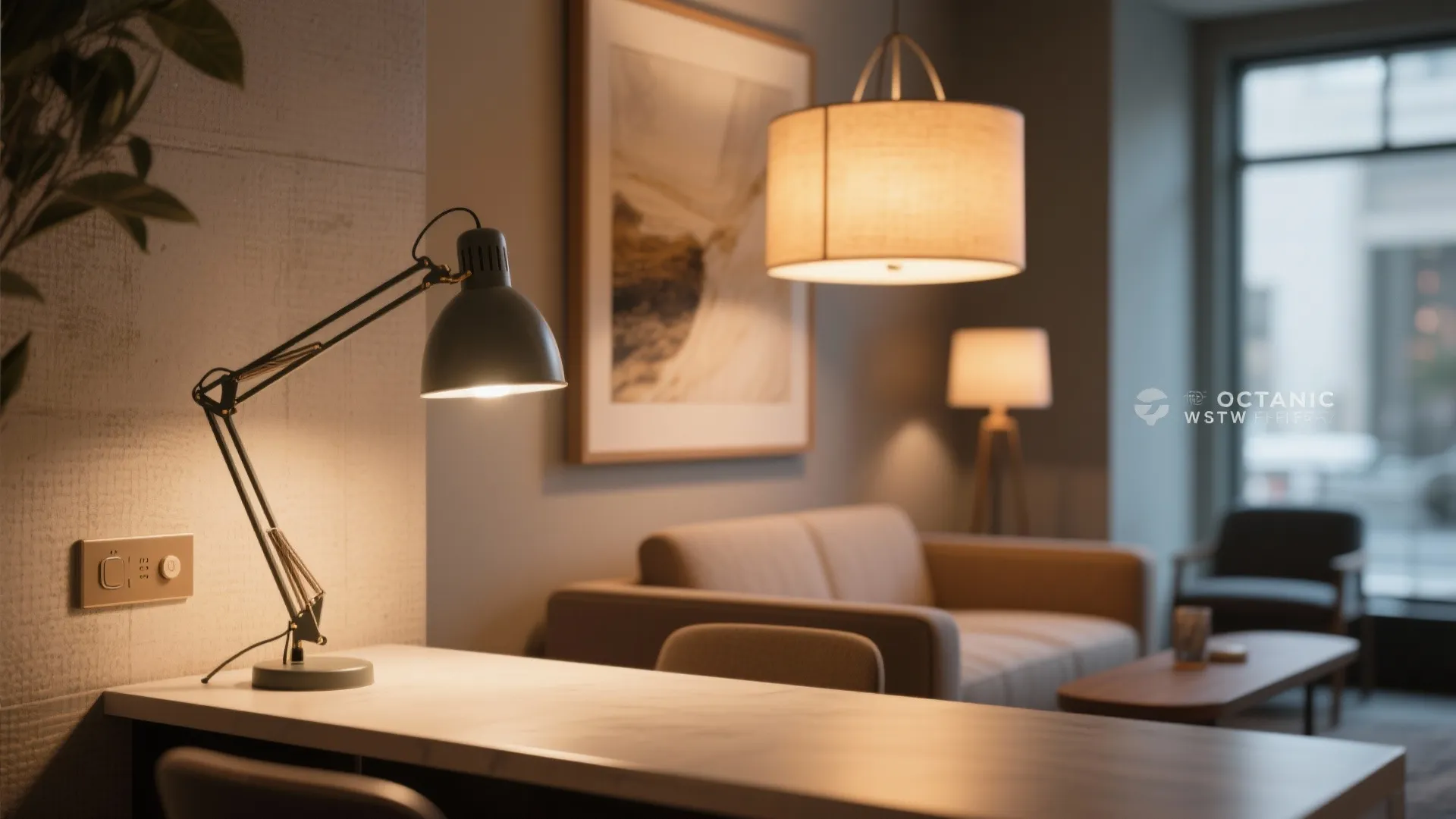 Modern office interior with black desk lamp warm ceiling light sofa and small wooden coffee table