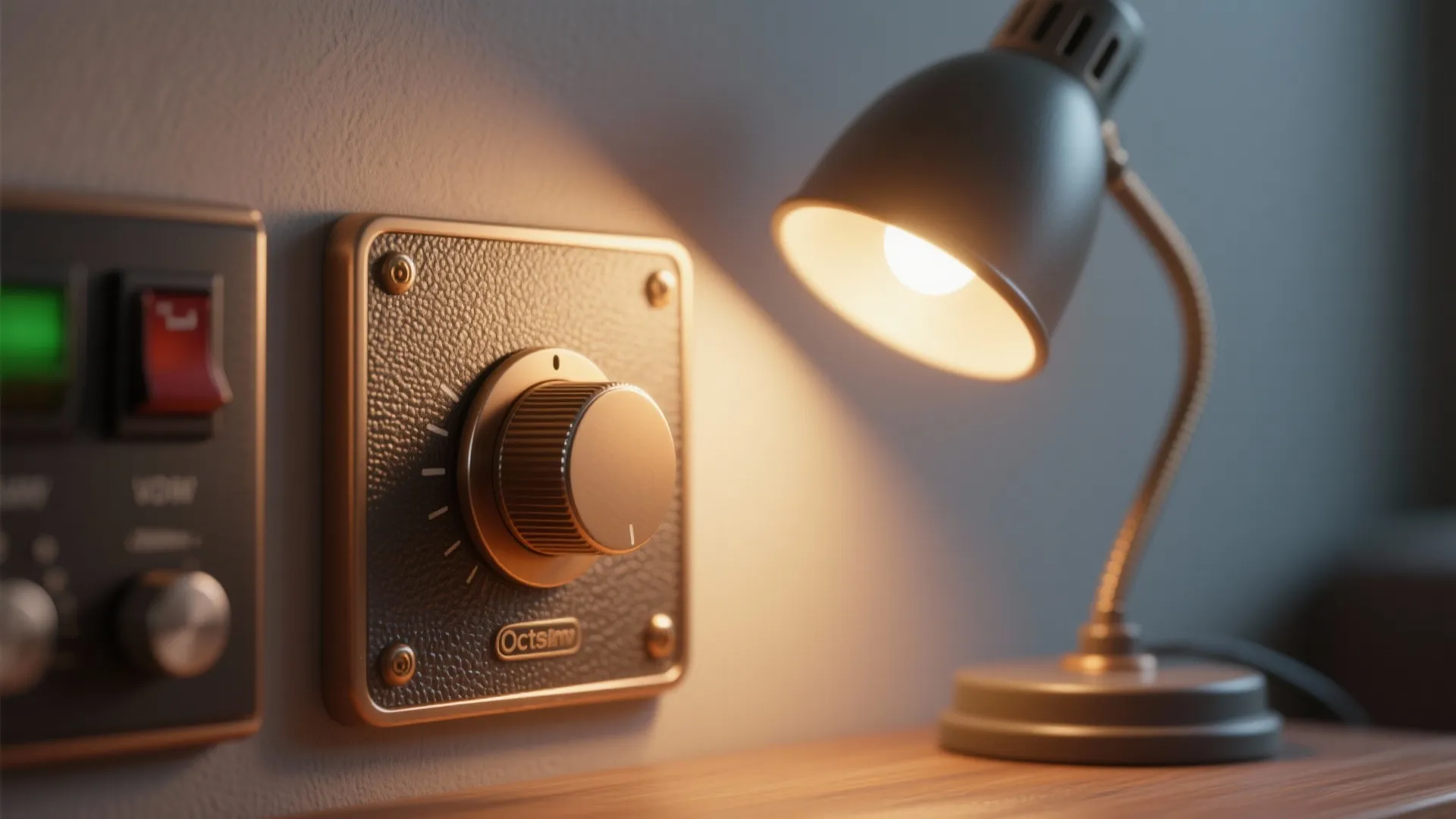 Macro close-up of a dimmer knob and desk lamp showing layered lighting controls for a dual-use room.