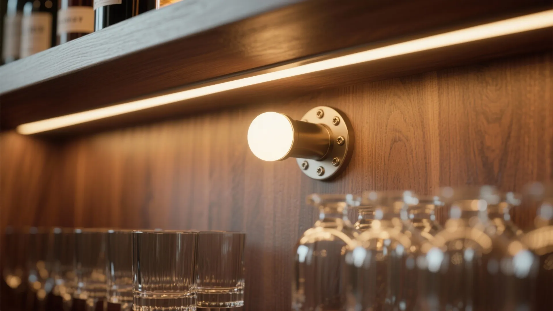 Macro detail of warm LED strip lighting and hardware used as finishing touches for a minibar.