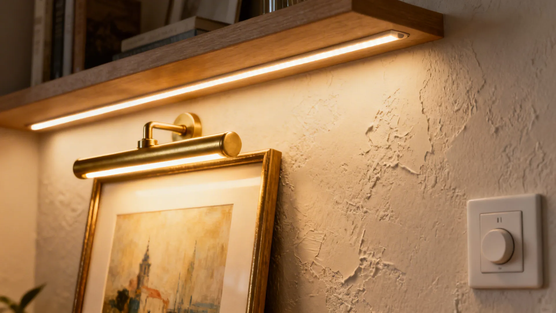 Close-up of integrated LED strip lighting and a brass picture light highlighting wall texture.