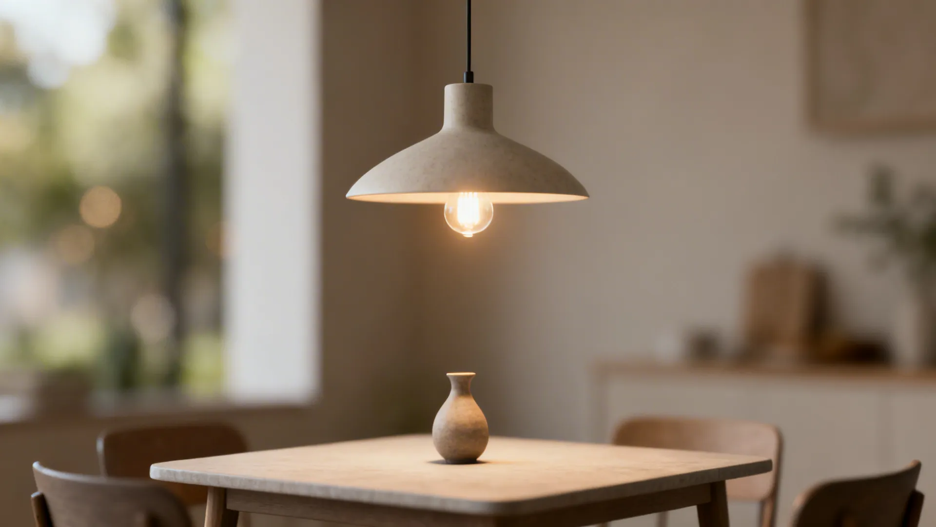 Pendant light centered over a small dining table demonstrating scale and warm dimmable lighting