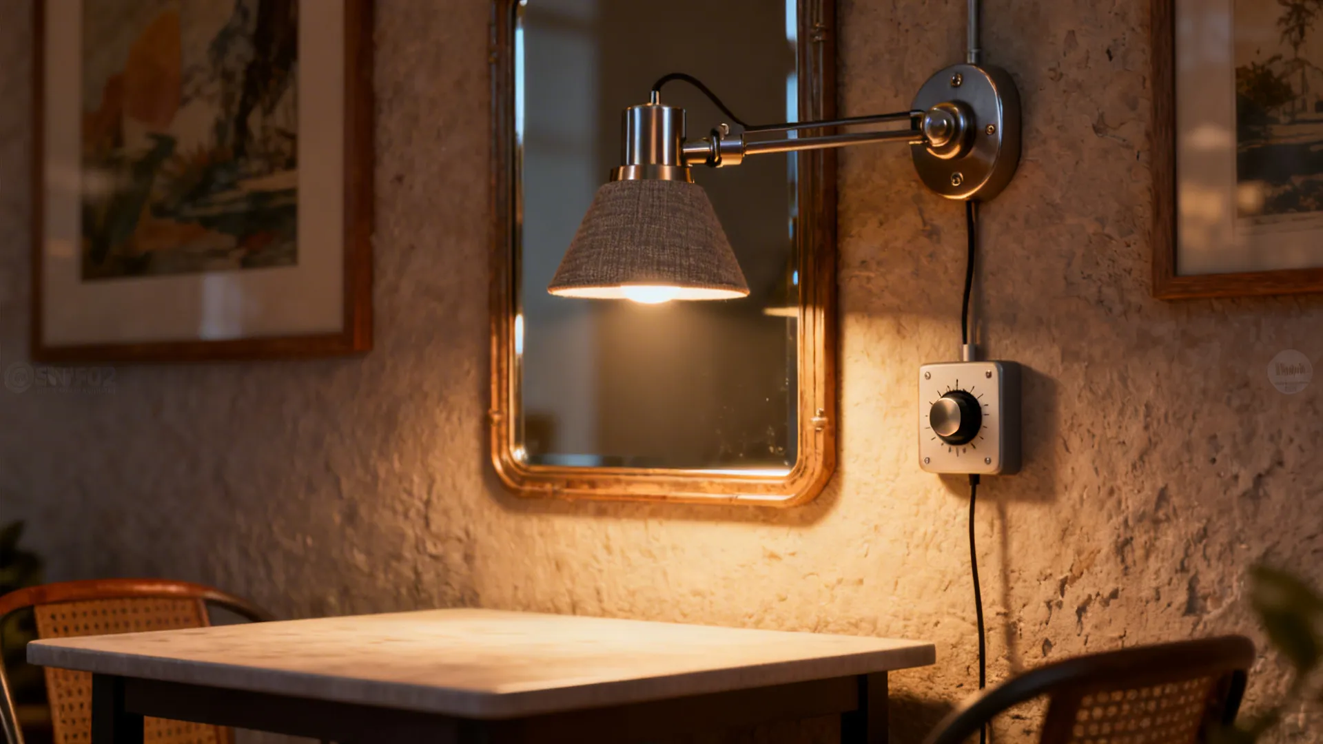 Adjustable wall sconce and dimmable pendant lighting highlighting dining wall décor.