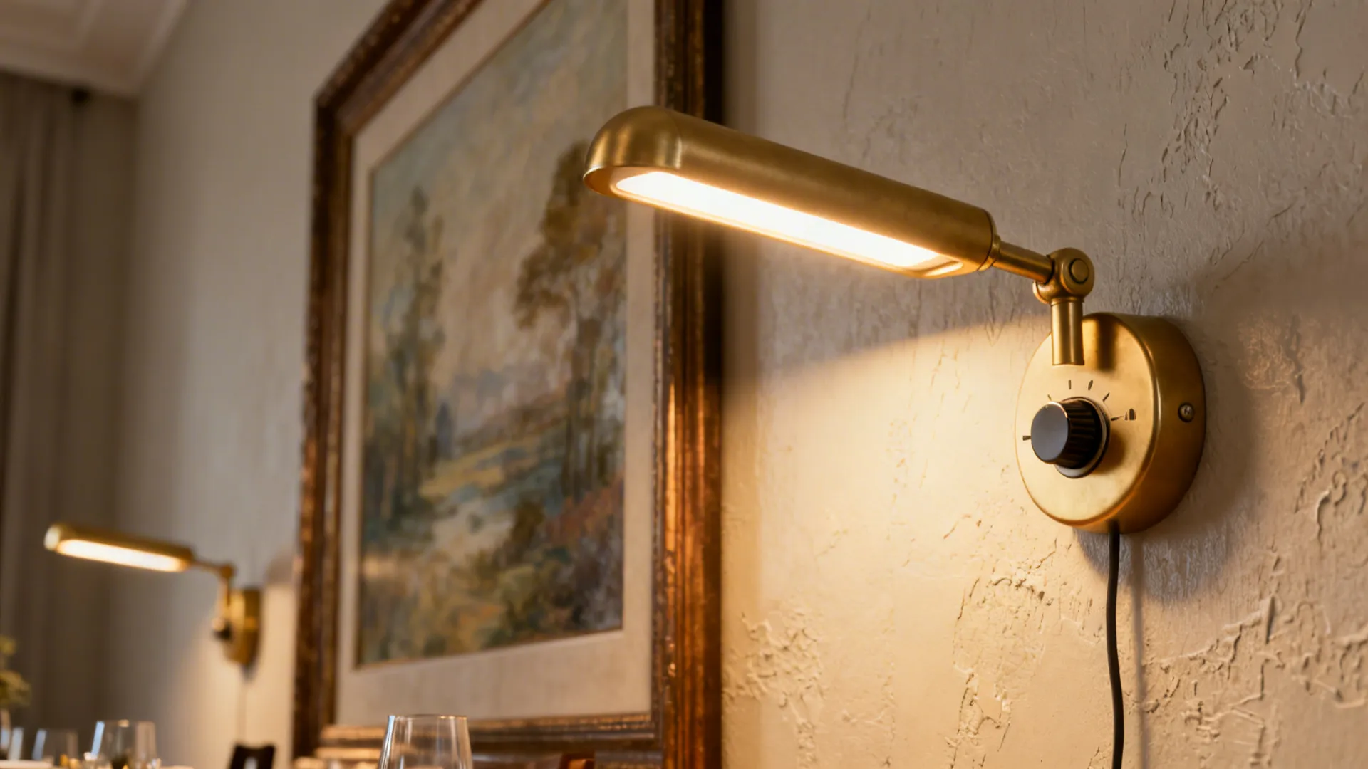 Dimmable picture light and sconce illuminating framed art on a dining wall
