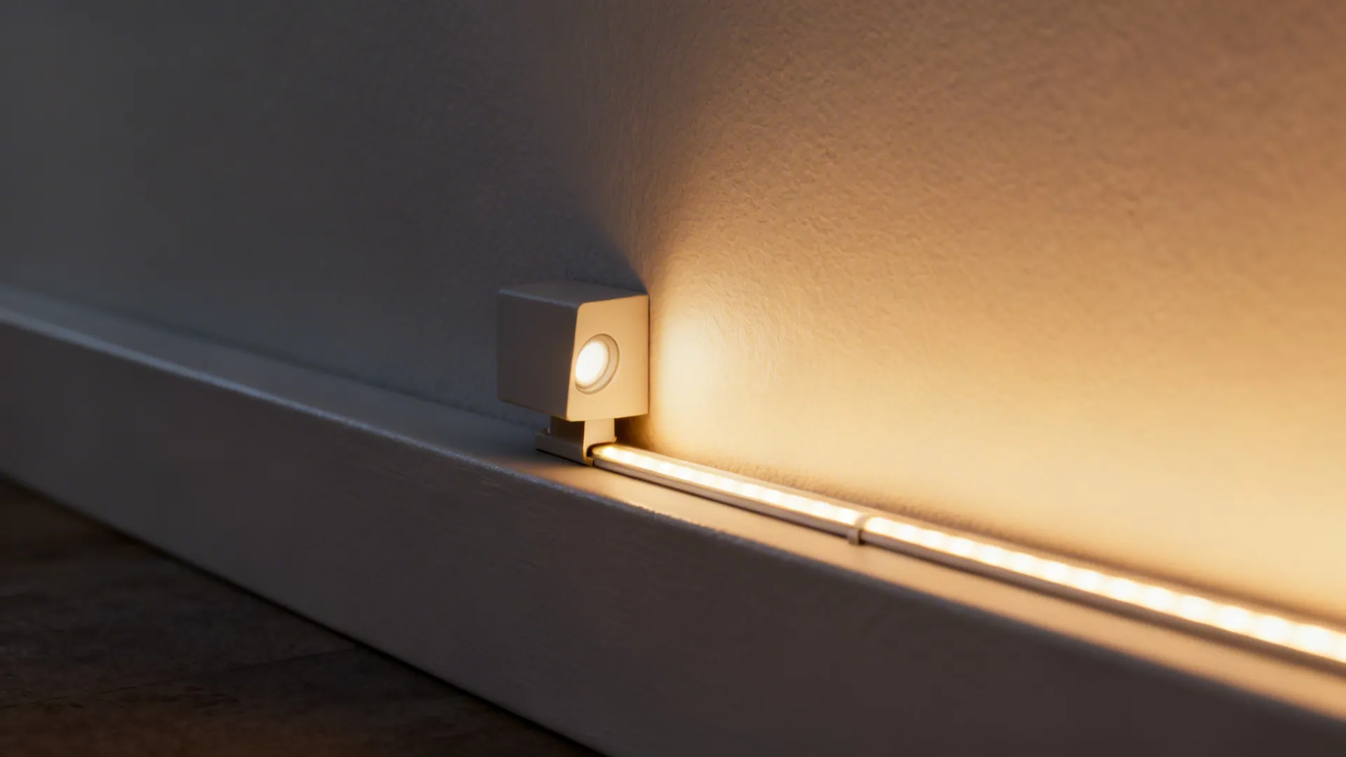 Macro of warm wall-washer light and LED strip glow across a smooth painted wall and plinth.