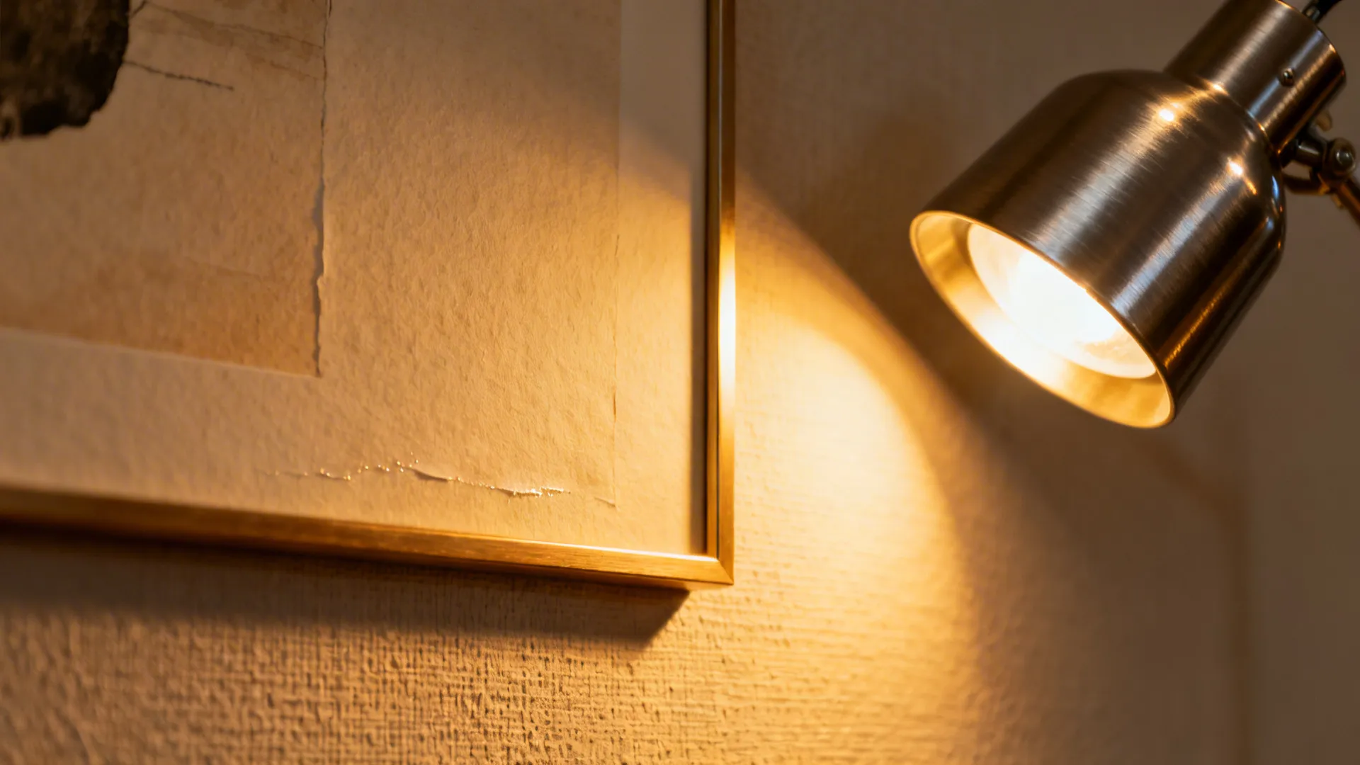 Close-up of a wall washer and picture light casting warm, even illumination on textured surfaces.