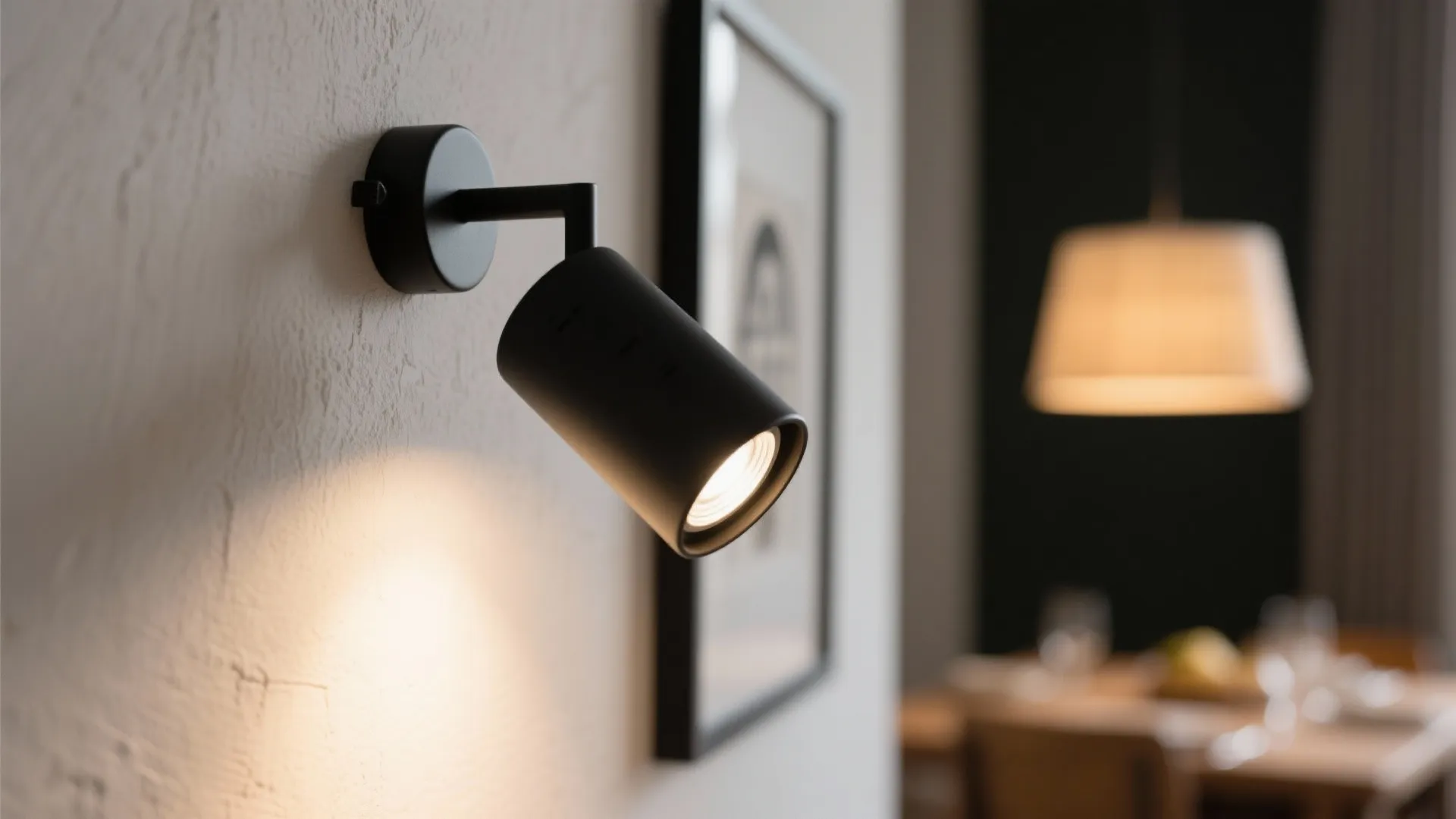 Black wall light fixture shining on a white wall with dining table in the background
