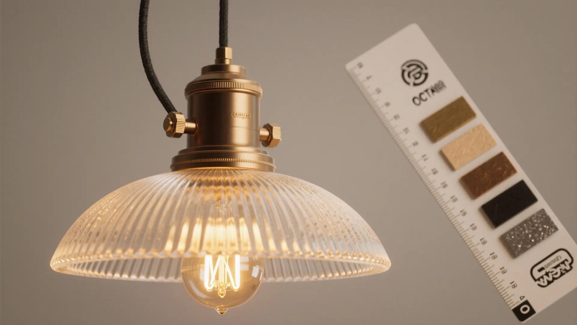 Close up of glass light fixture with brass base next to color swatches and metal ruler