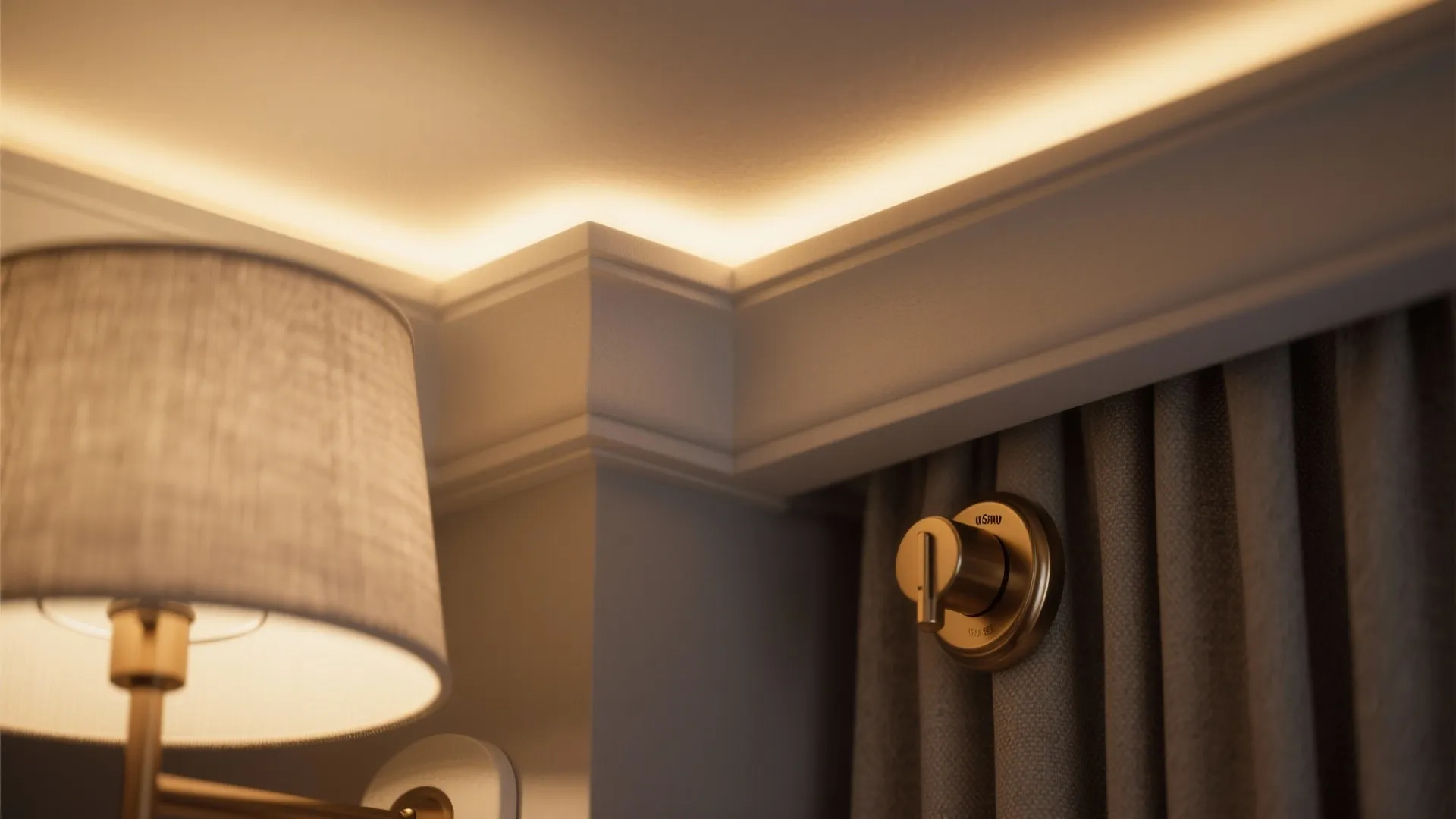 Warm yellow ceiling light strip above grey wall with a small lamp and beige curtain