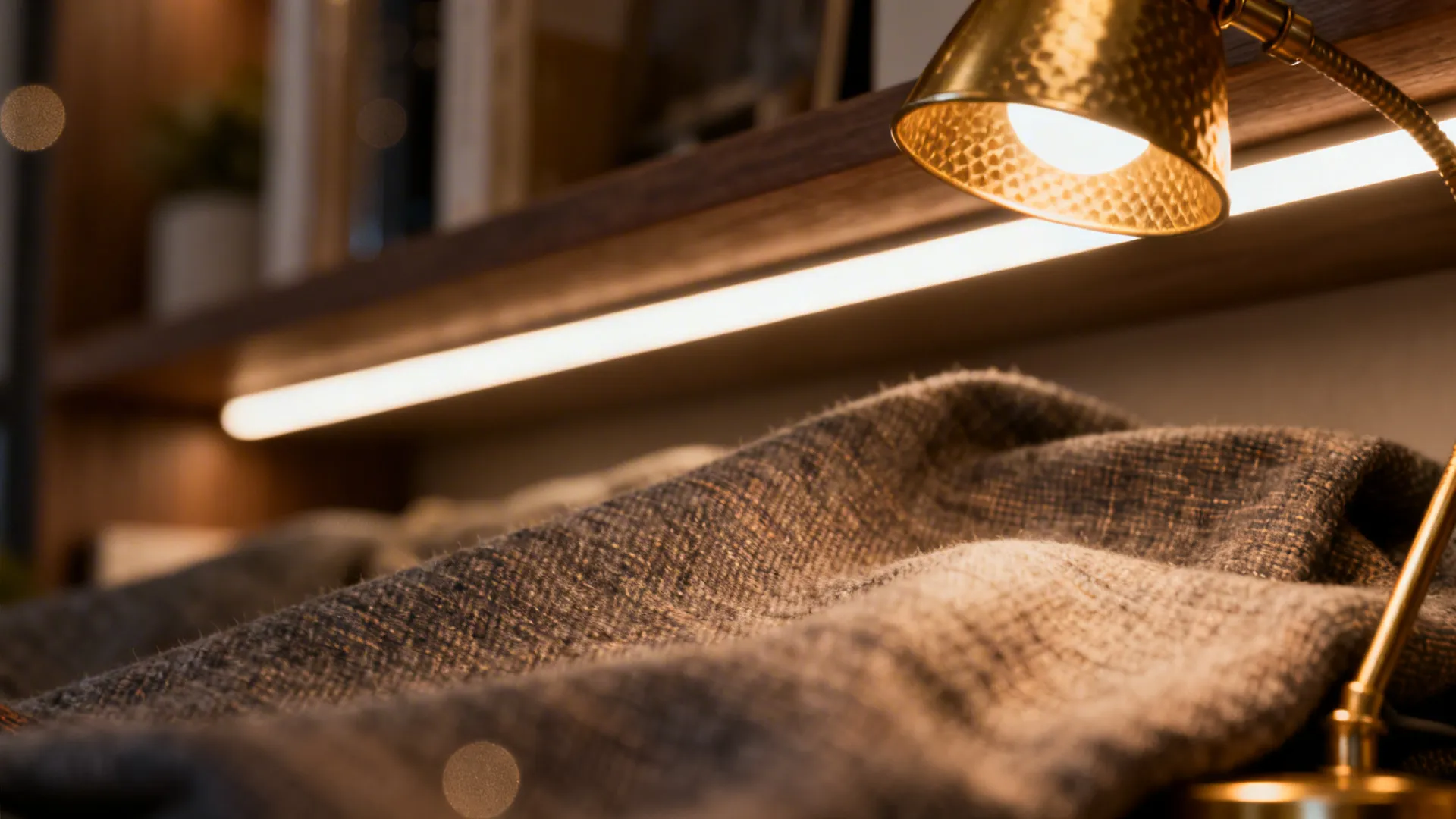 Close-up of layered lighting: brass task lamp and LED strip with fabric textures and warm glow.