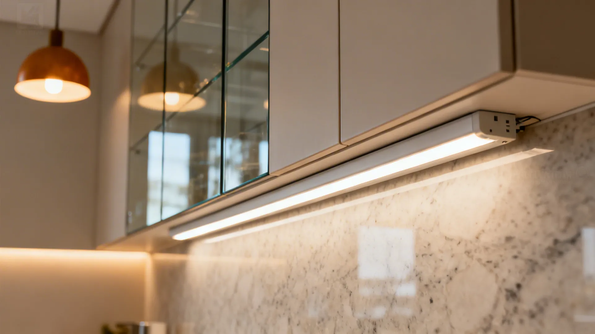 Macro of under-cabinet LED task light, warm ambient glow, and subtle wall wash on a compact kitchen elevation.