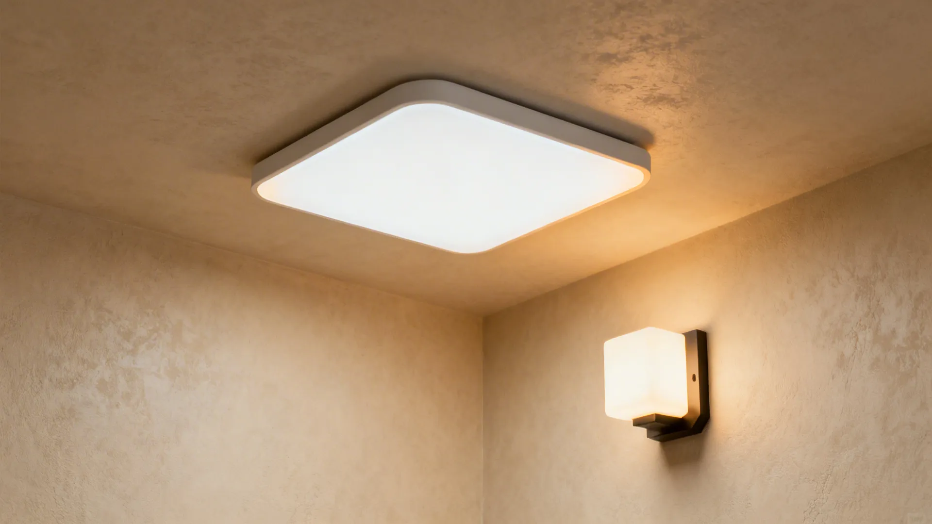 Macro of a flush-mount light with white diffuser and warm sconce washing a beige wall.