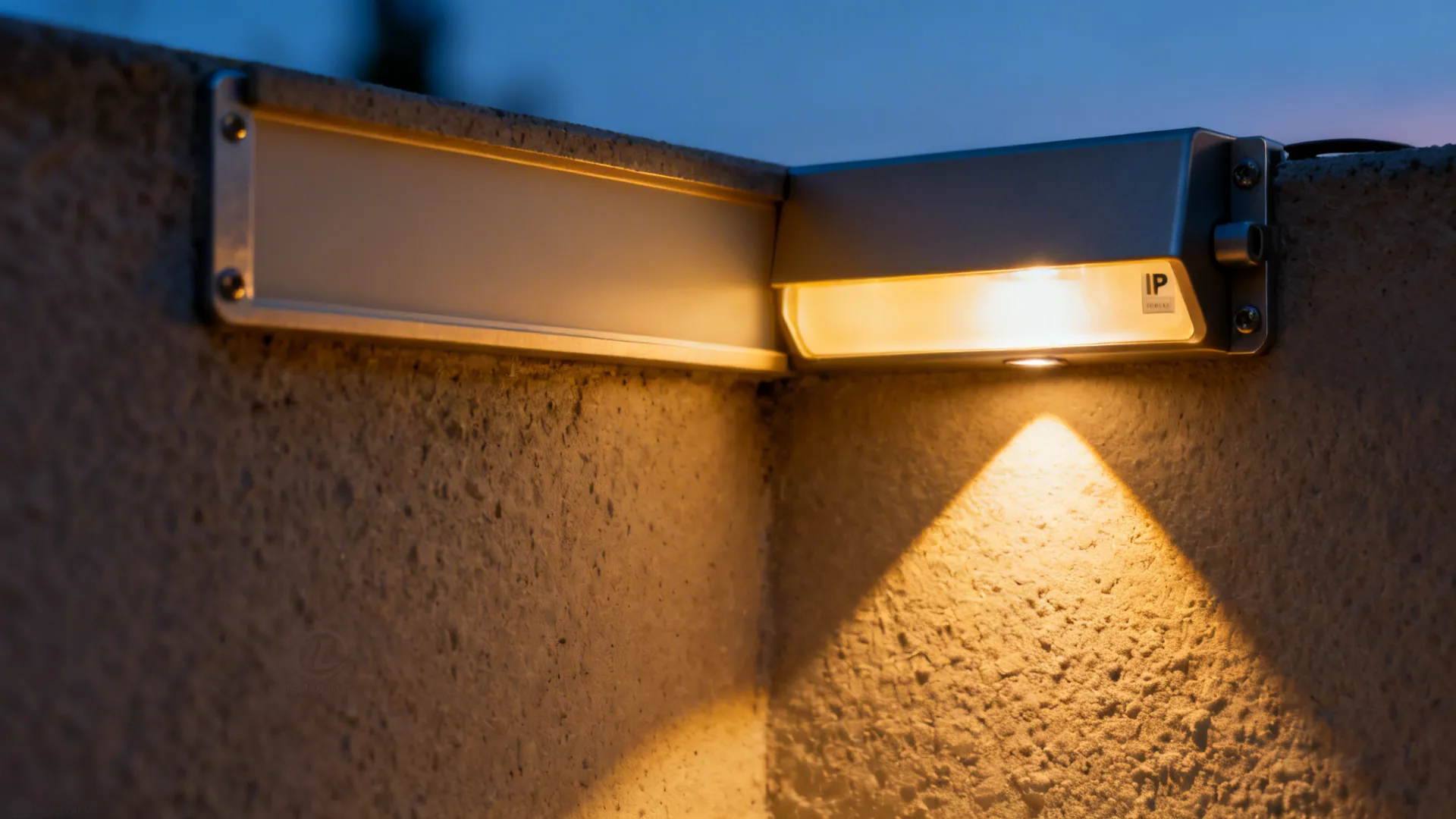 Close-up of warm LED strip under a backsplash and a subtle IP-rated step light.