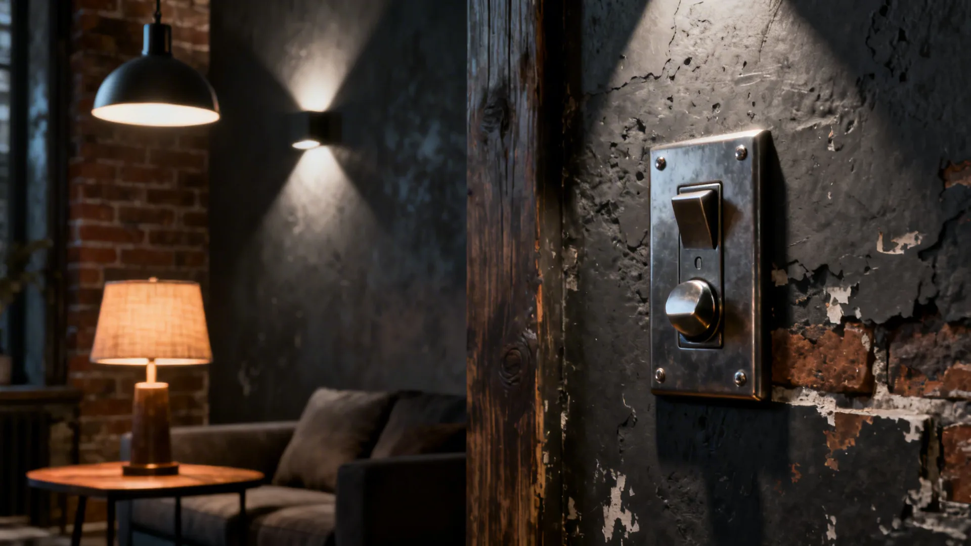 Detail of layered lighting: pendant, wall washer, and table lamp in a masculine living room.