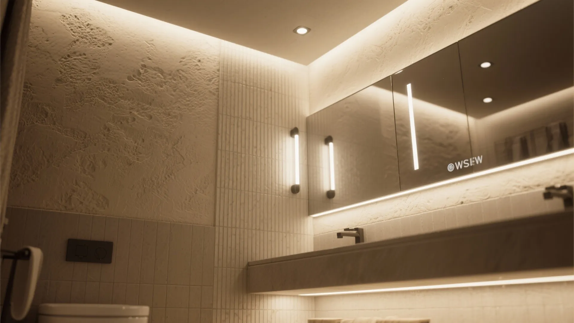 Bathroom interior design drawing with warm wall light fixtures large mirror and textured wall panel details