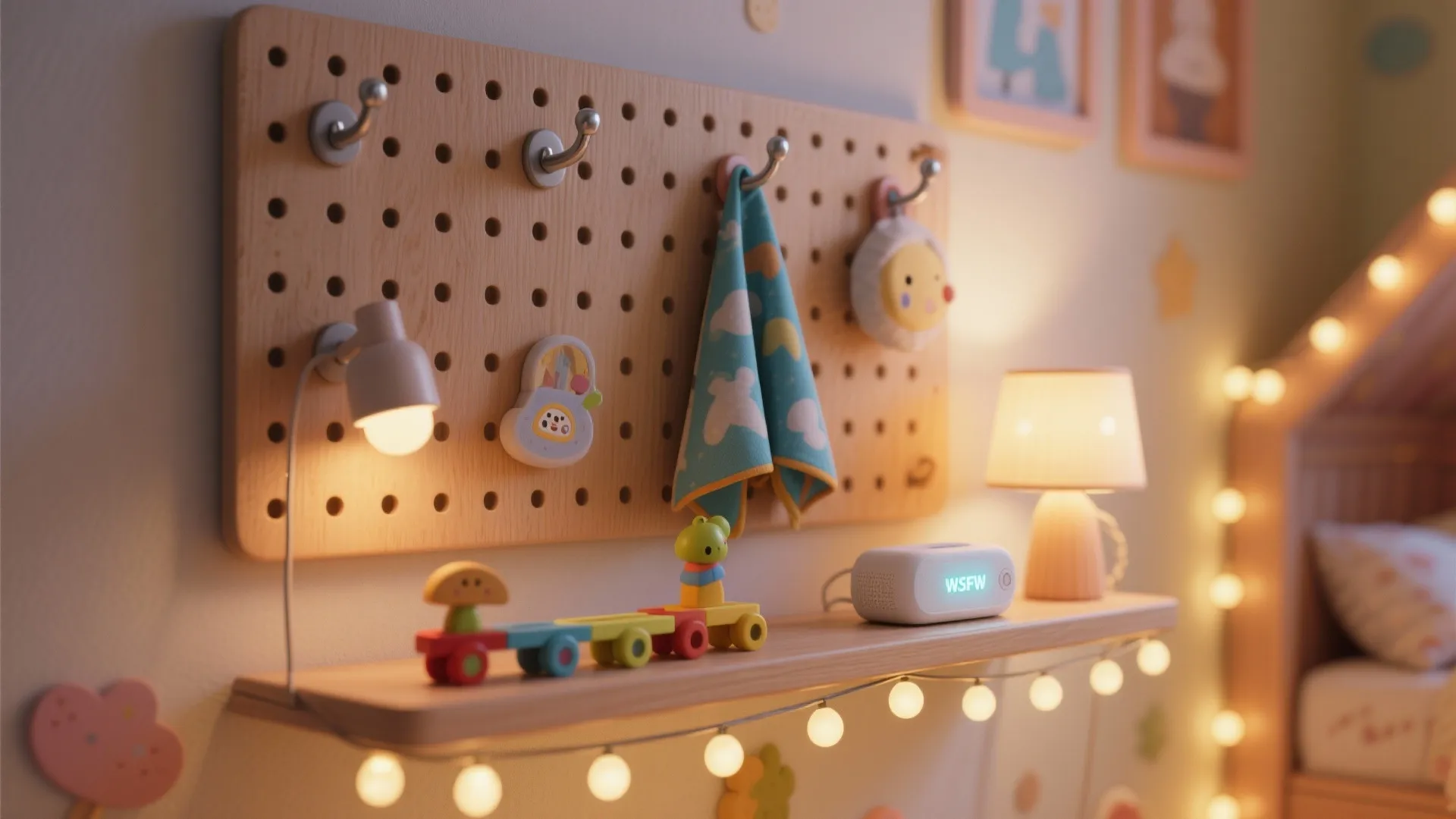 Close-up of wall pegboard, toy rail, and soft string lights layered for play and bedtime.