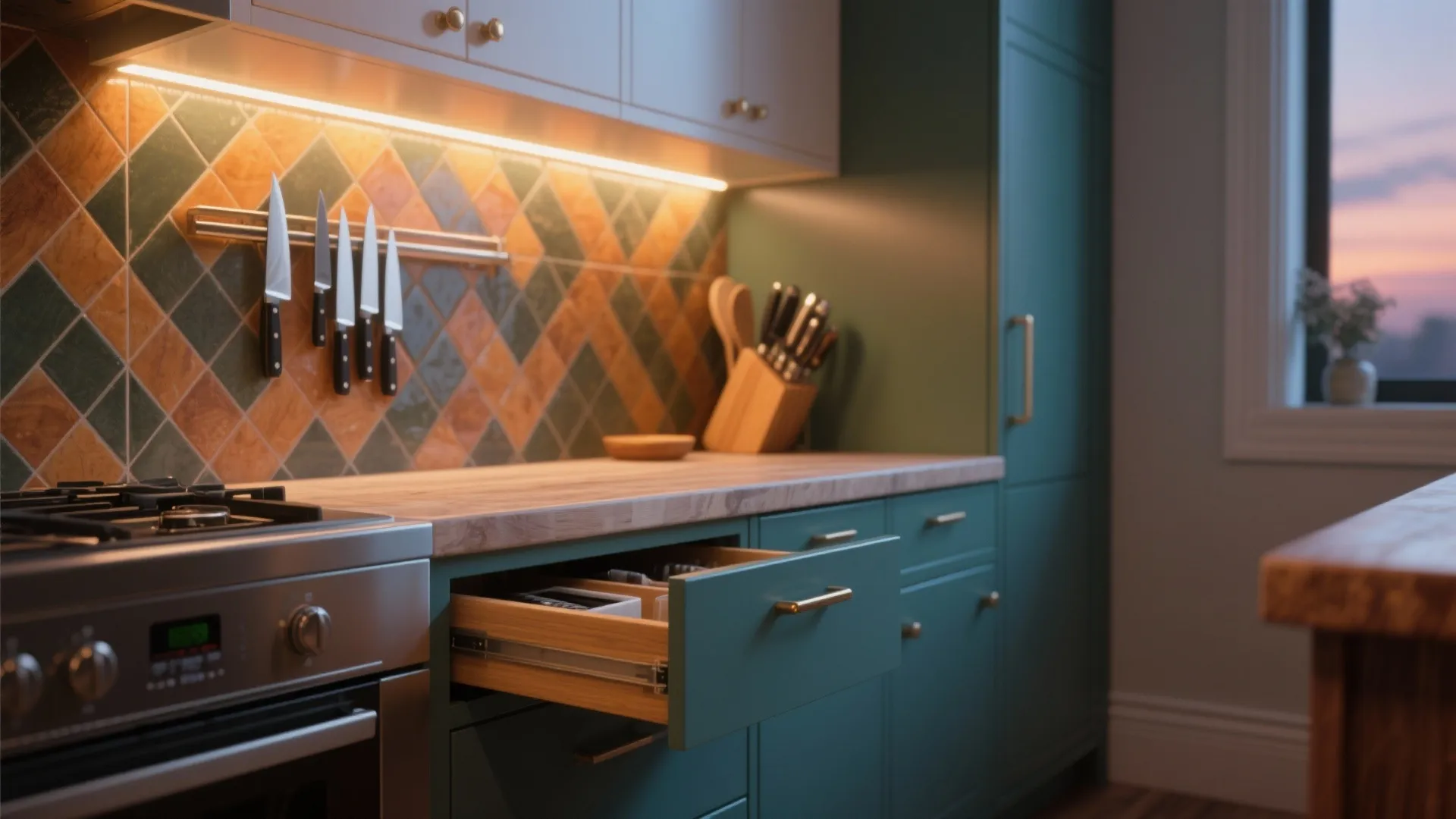 Modern green kitchen cabinets with wood countertop under cabinet light fixture and hanging knife rack