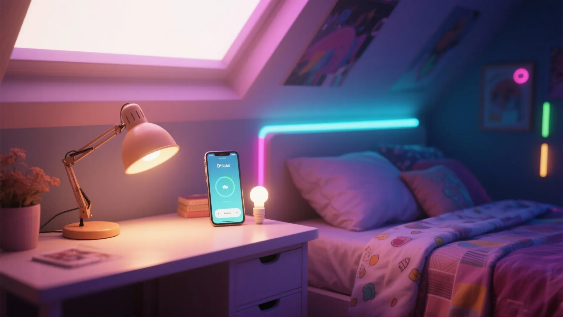 Smart bedroom lighting setup with a desk lamp mobile phone app and colorful wall lights