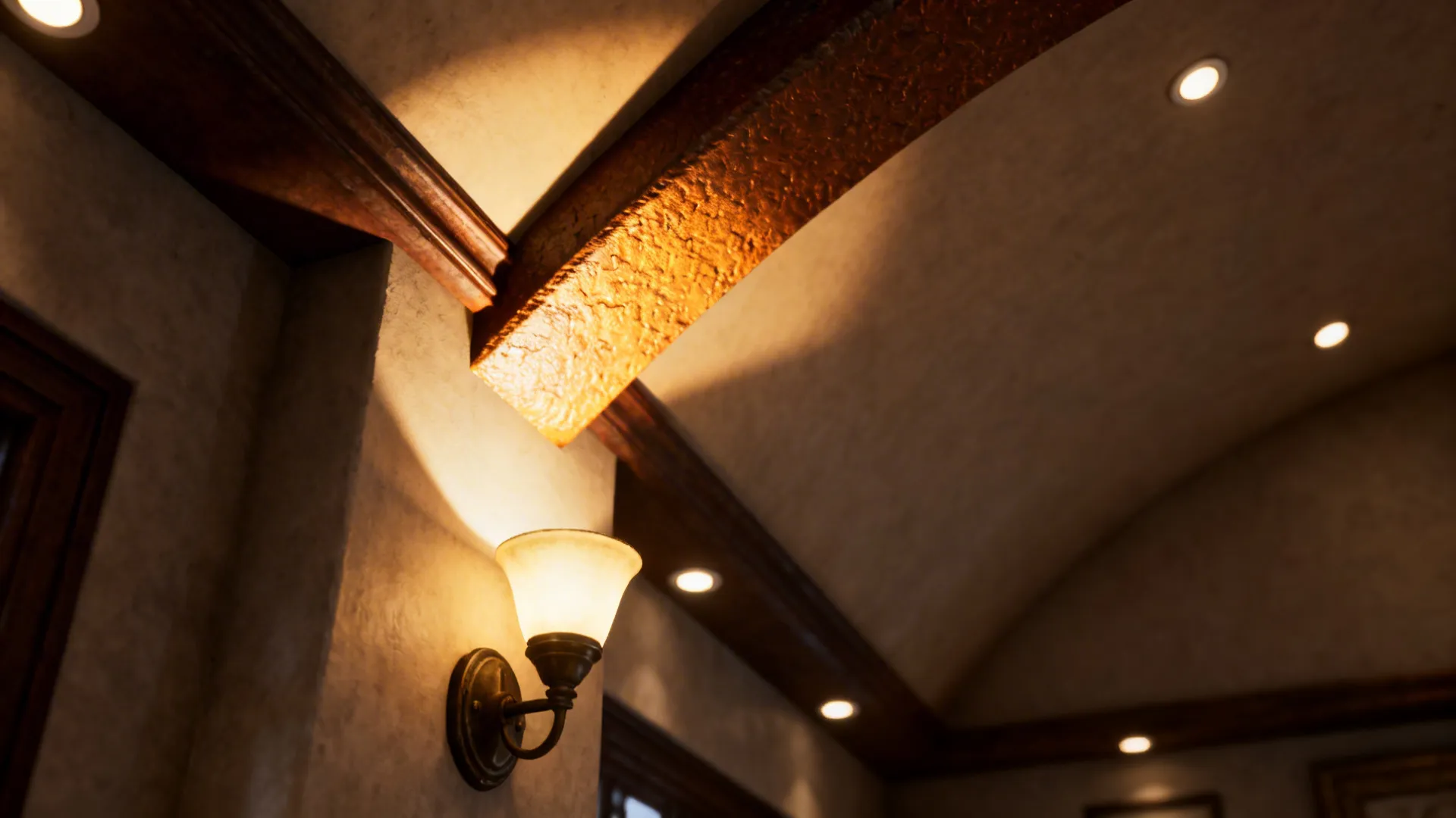 Warm wall light and ceiling light fixtures highlighting textured wood beams in a luxury room