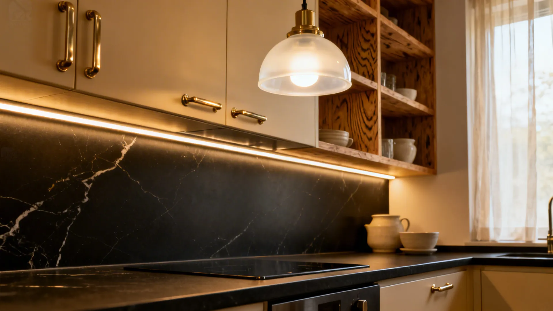Under-cabinet LED lighting and warm metal pulls showing layered lighting solutions for small kitchens