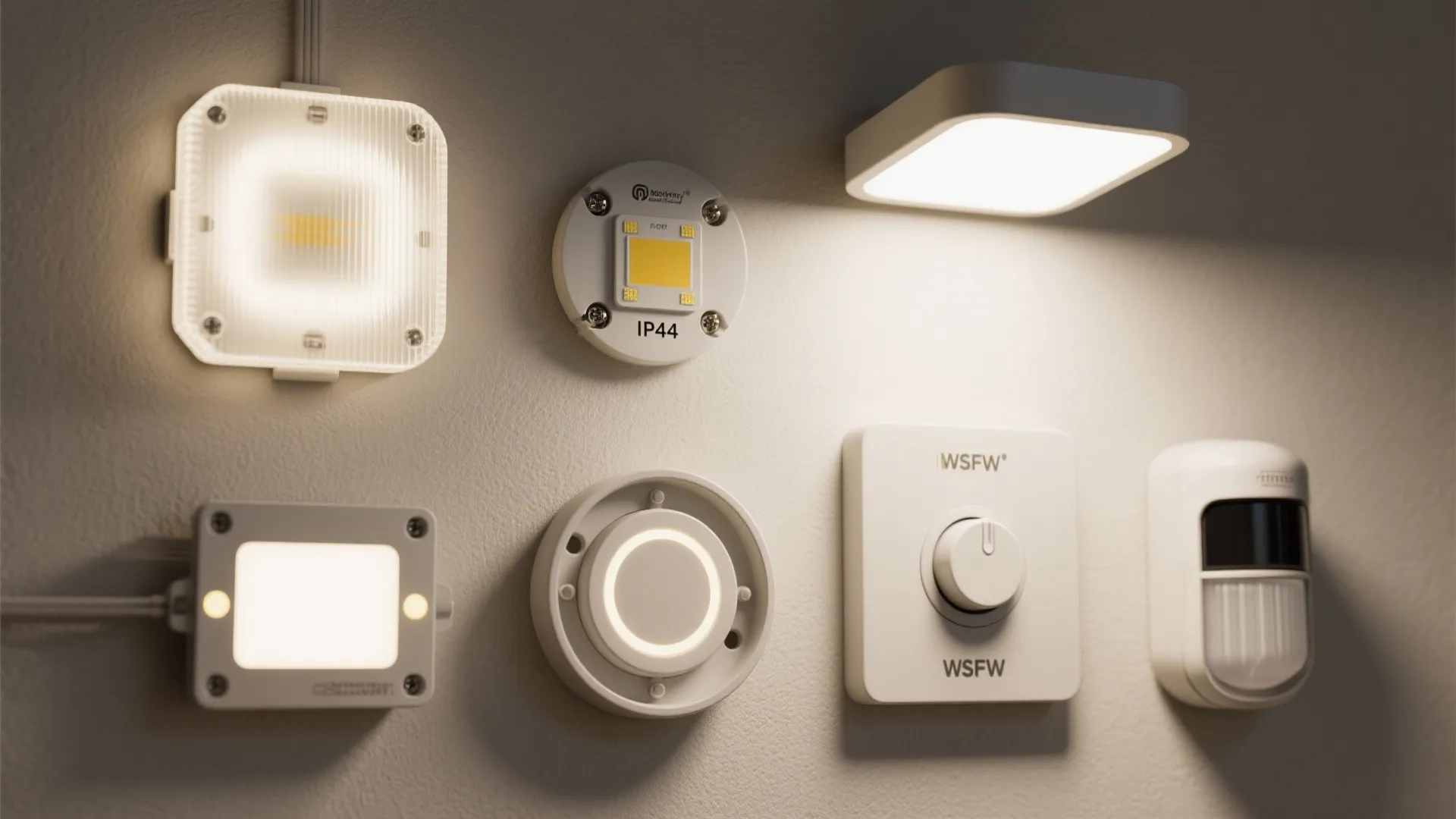 Close-up montage of LED module, diffuser, IP-rated gasket, dimmer switch and motion sensor.