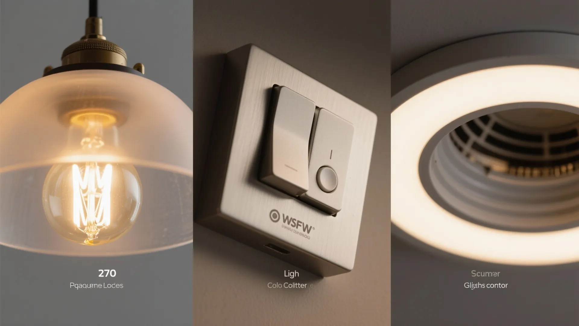 Three panel collage showing a glass light fixture a metal light switch and circular light