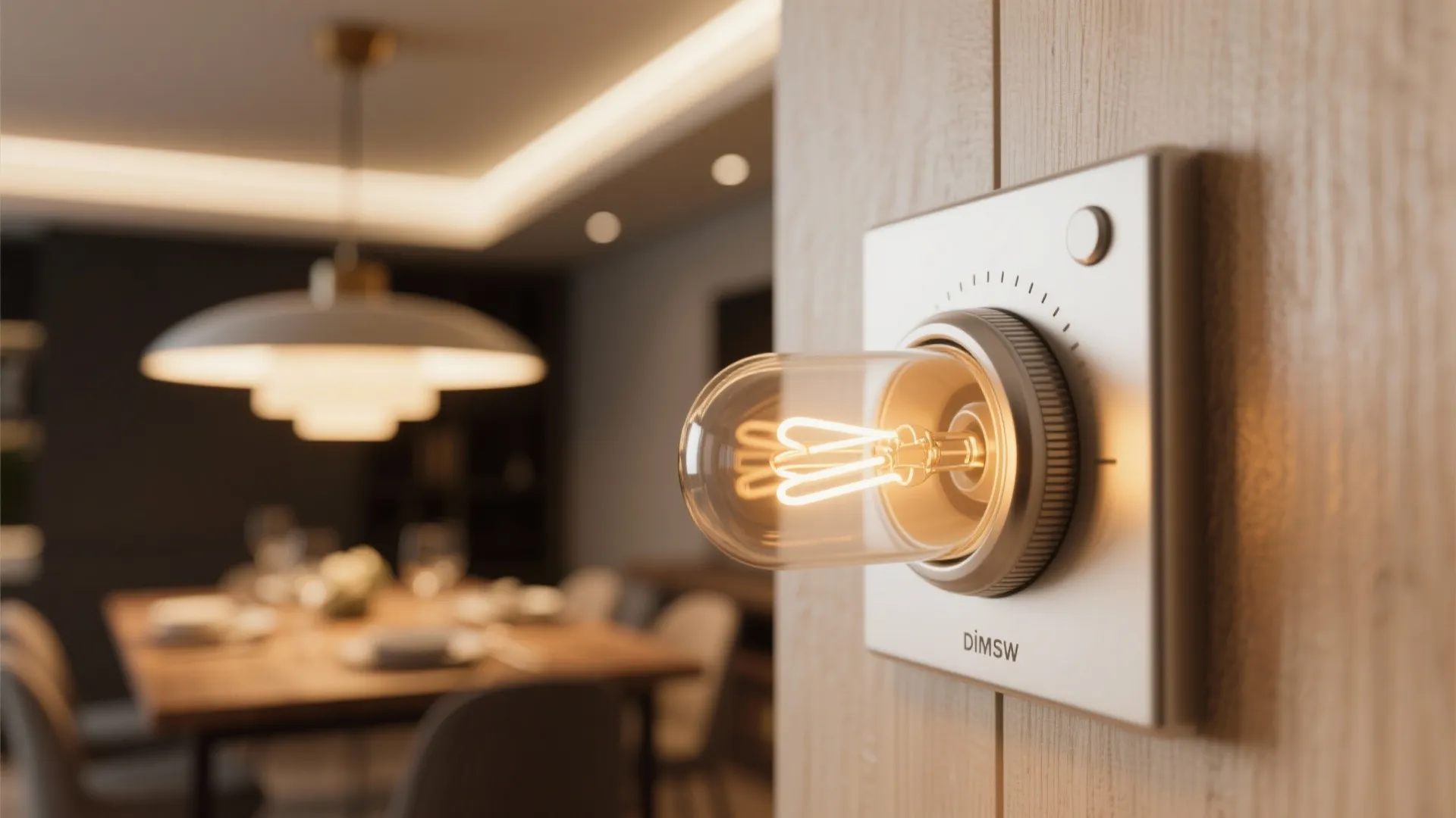 Macro details of dining lighting: dimmer knob, warm LED glow, recessed trim and textured wood tabletop.