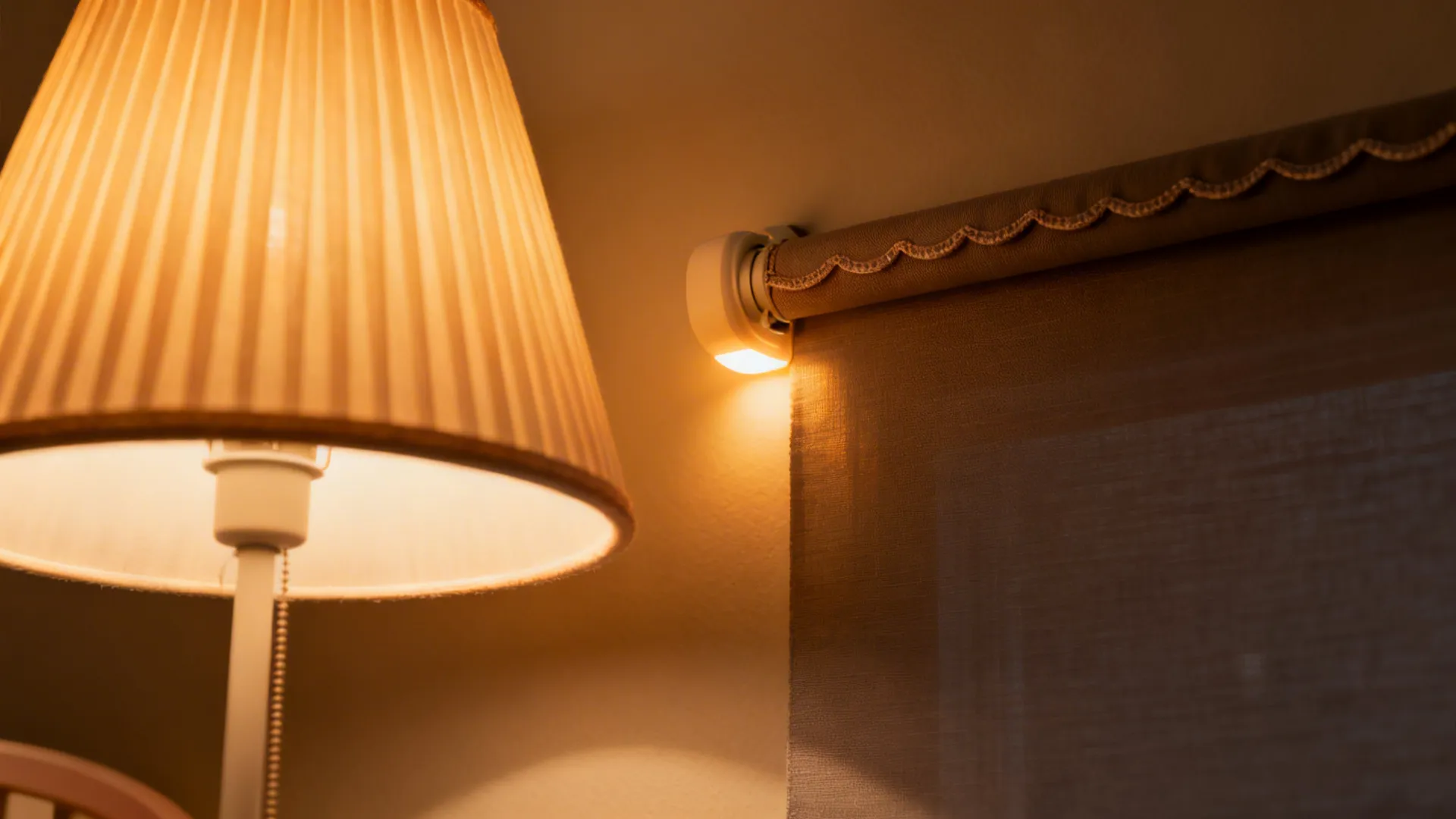 Macro details of a ribbed lampshade with warm light and a tailored blackout shade cassette.