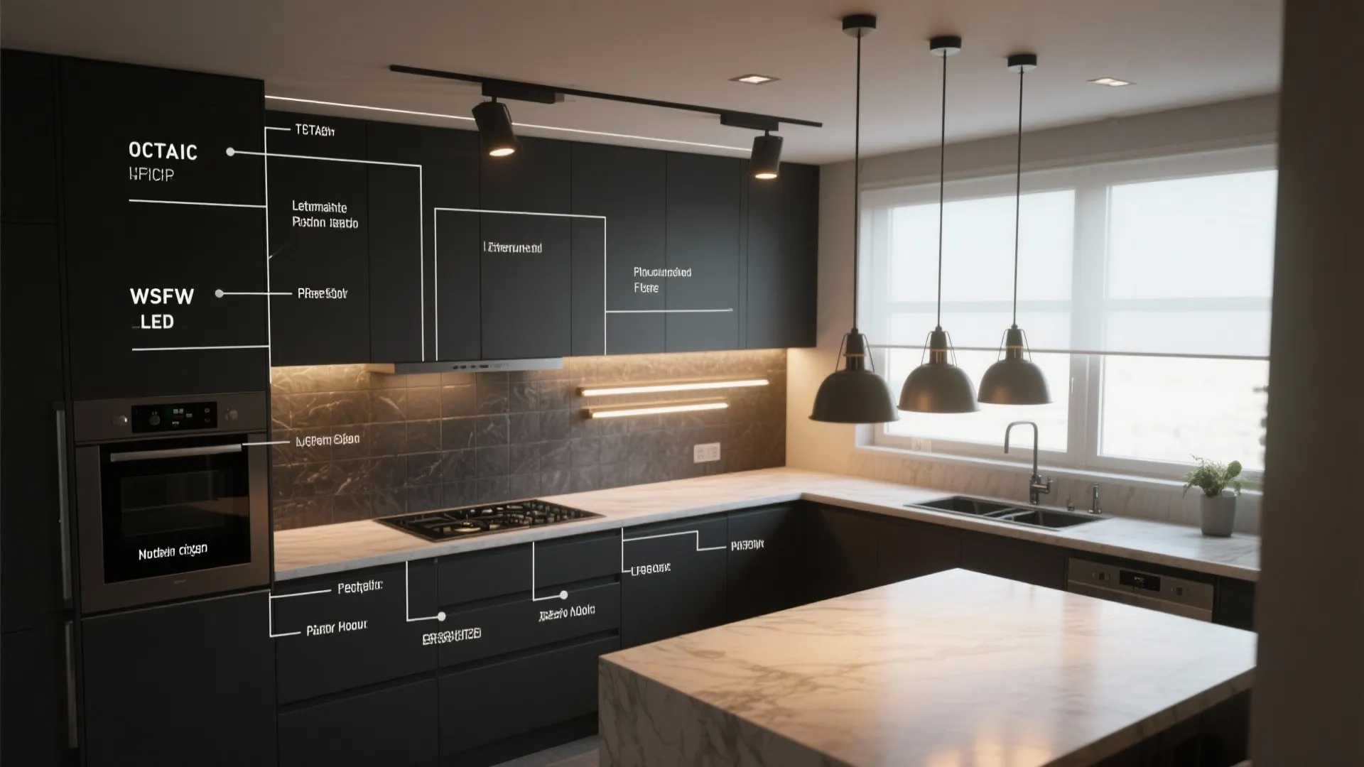 Dark kitchen design with white lines explaining different light fixtures and labels for various cabinets