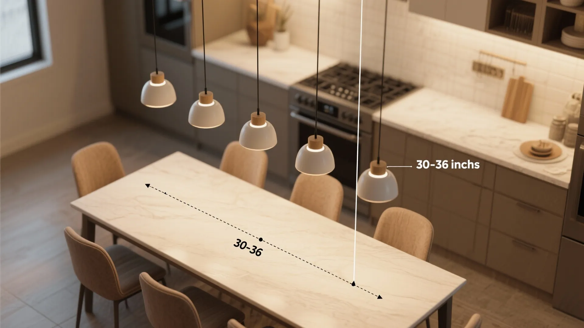 Interior design drawing showing recommended distance between hanging light fixtures and a marble dining table