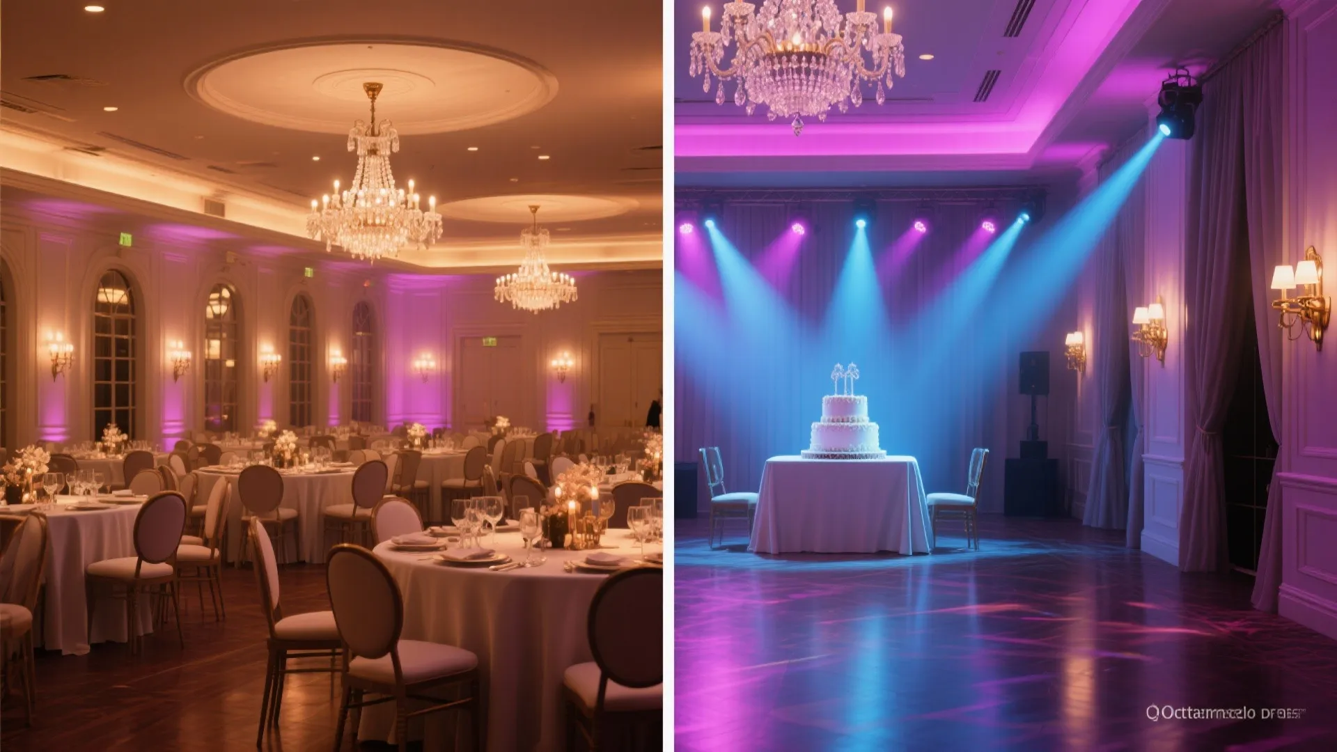 Side by side lighting comparison of a banquet hall with ceiling lights and purple spotlights