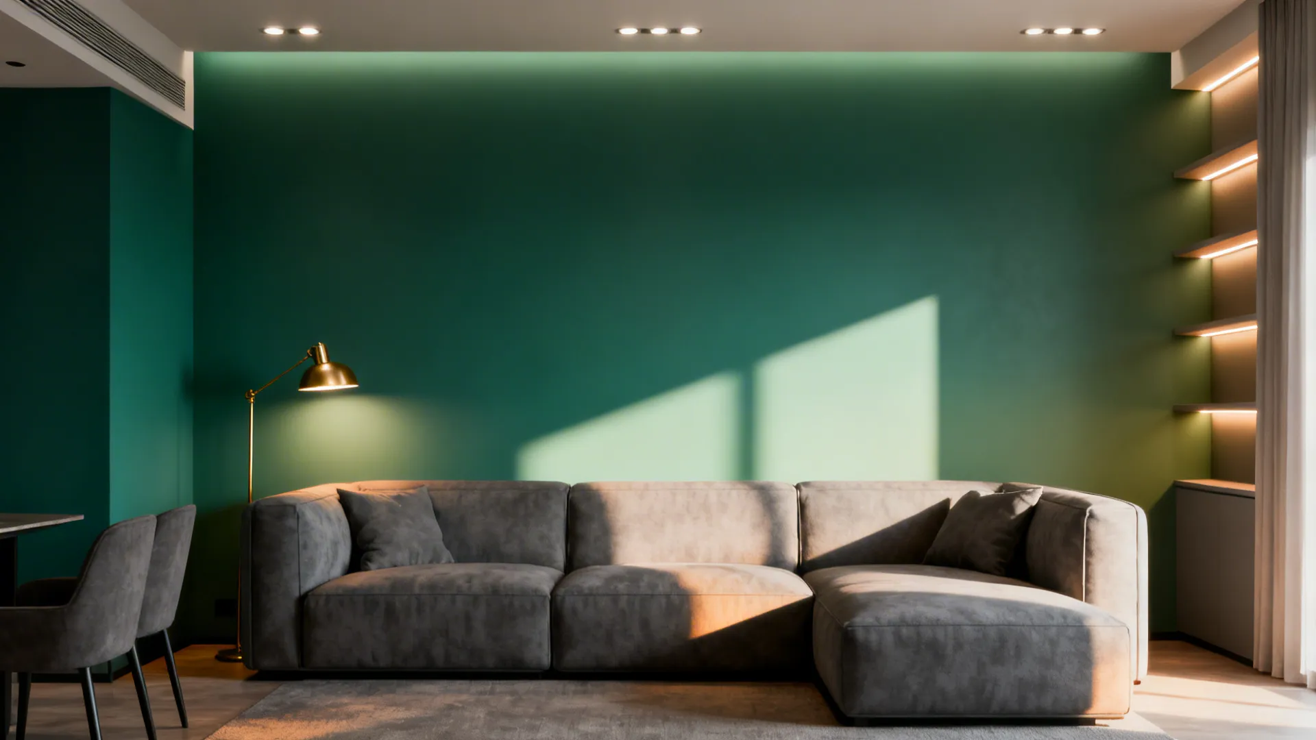 Living room illustrating layered lighting that changes the appearance of an emerald wall and grey furnishings