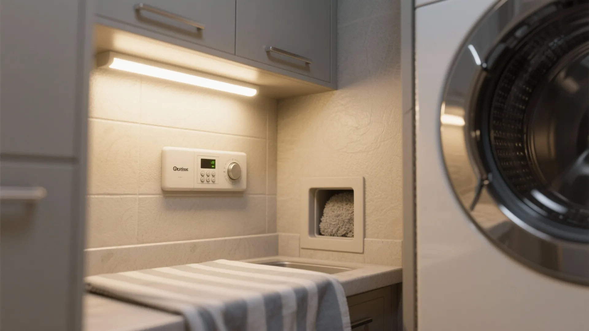 Laundry area with cabinet light fixture and washing machine next to a clean striped towel