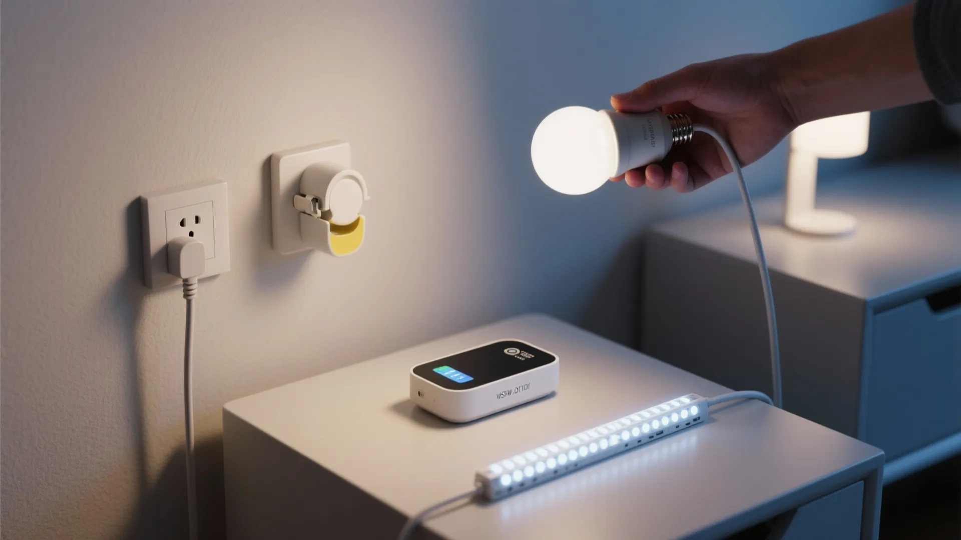 Smart bulb, cord cover, plug-in sconce and LED strip samples arranged neatly.