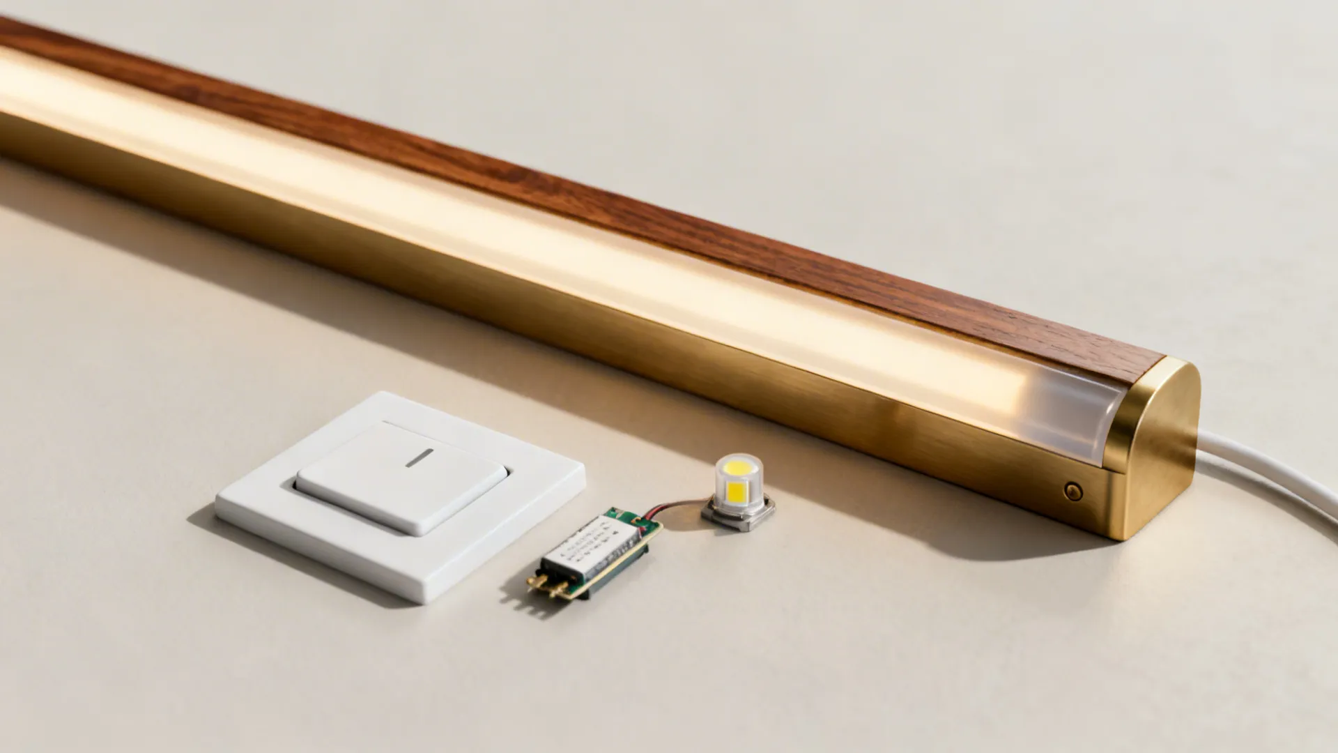 Dimmer, LED driver, high-CRI strip with diffuser, and finish chips under a warm 3000K glow.