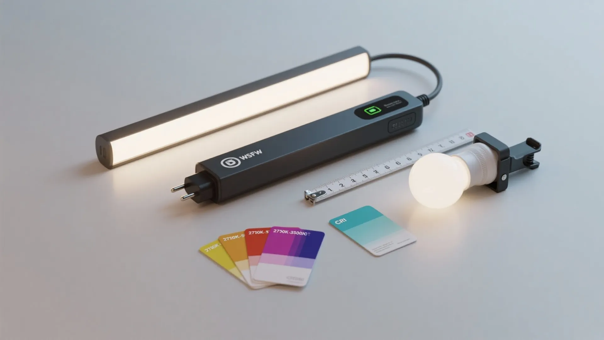 Modern light fixture parts with measuring tape and colorful color cards for interior home design