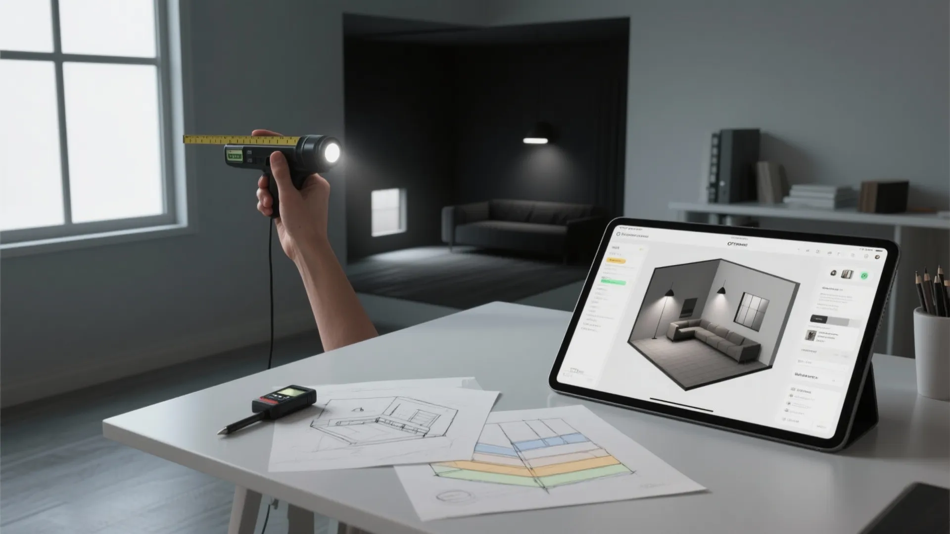 Collage of tools and sketches for evaluating and planning lighting in a dark room, including a light meter and 3D planner on a tablet.