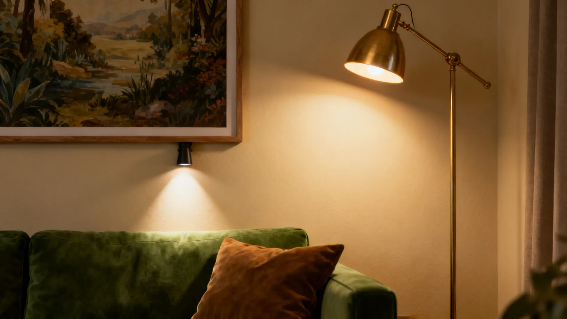 Layered warm lighting in a green-and-cream living room showing ambient, task, and accent lights