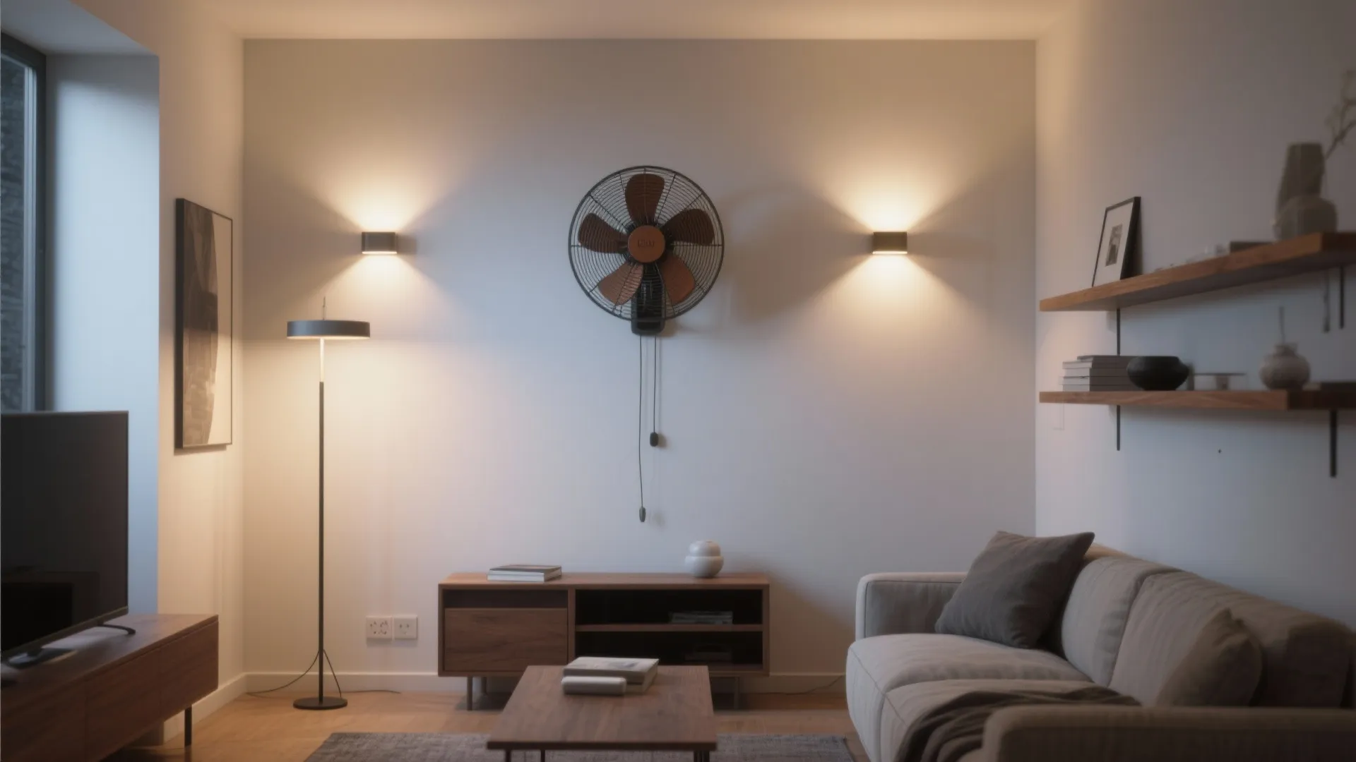 Layered lighting and fan synergy in small living rooms