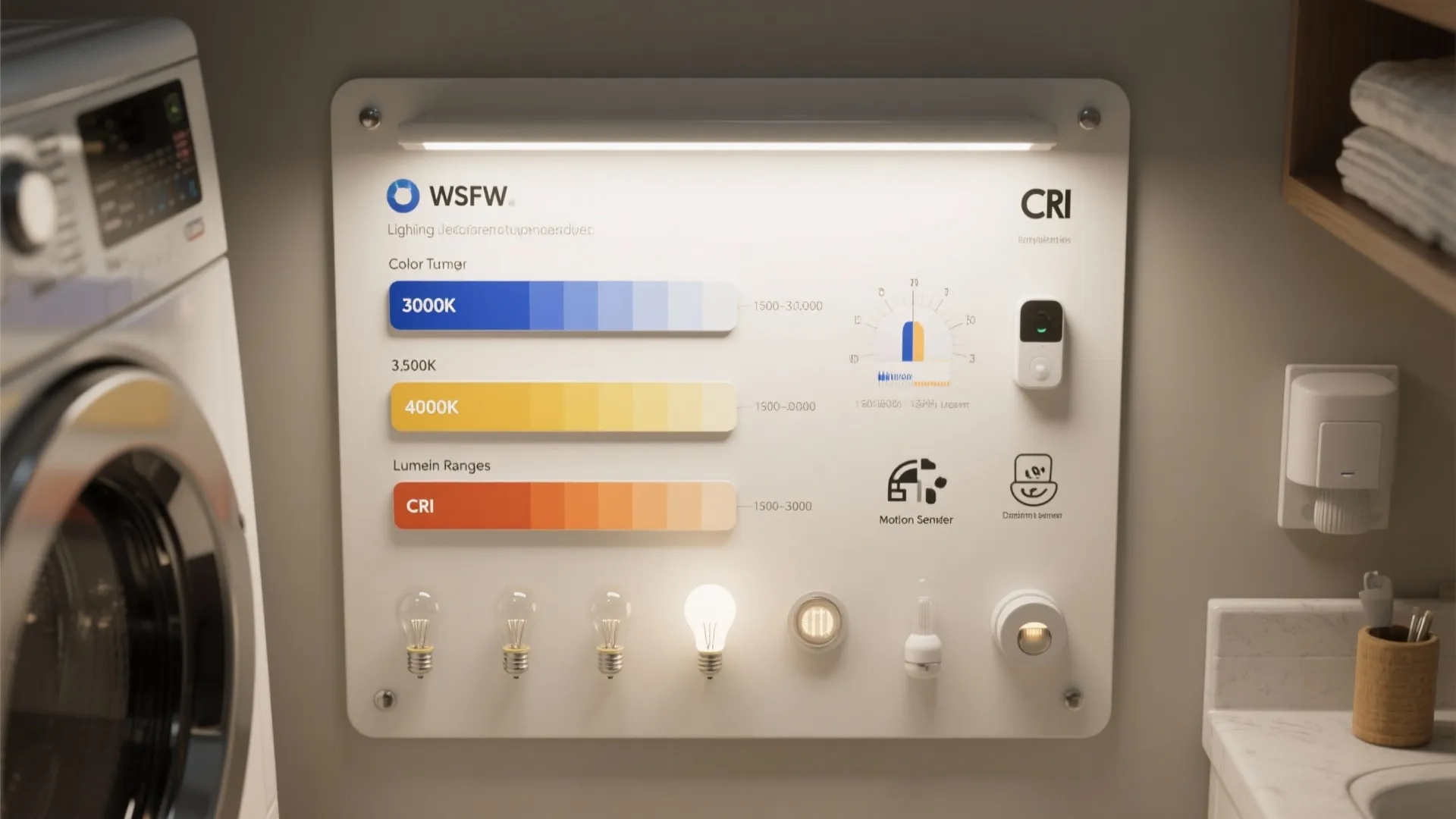 Informational wall board showing lighting color temperatures and light bulbs next to a washing machine