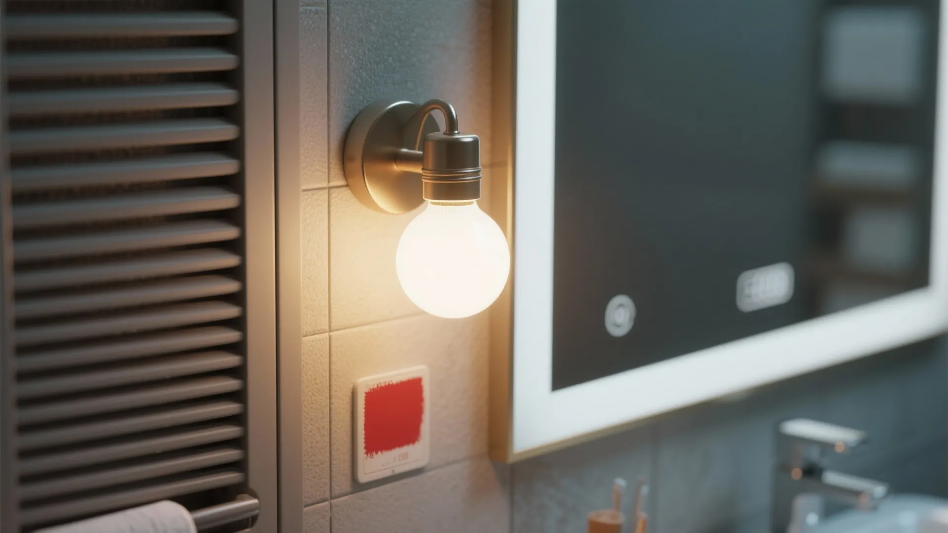 Close up of round glowing wall light next to a bathroom mirror and grey tiled wall