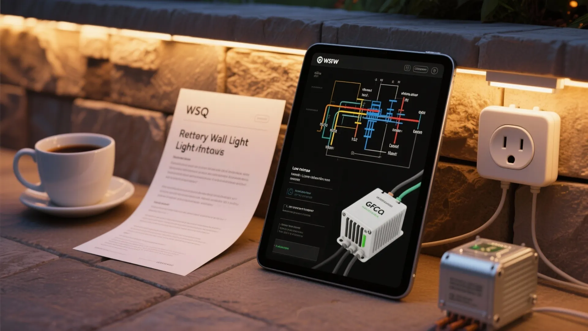 Tablet showing technical wall light diagram next to coffee cup and outdoor stone wall lighting