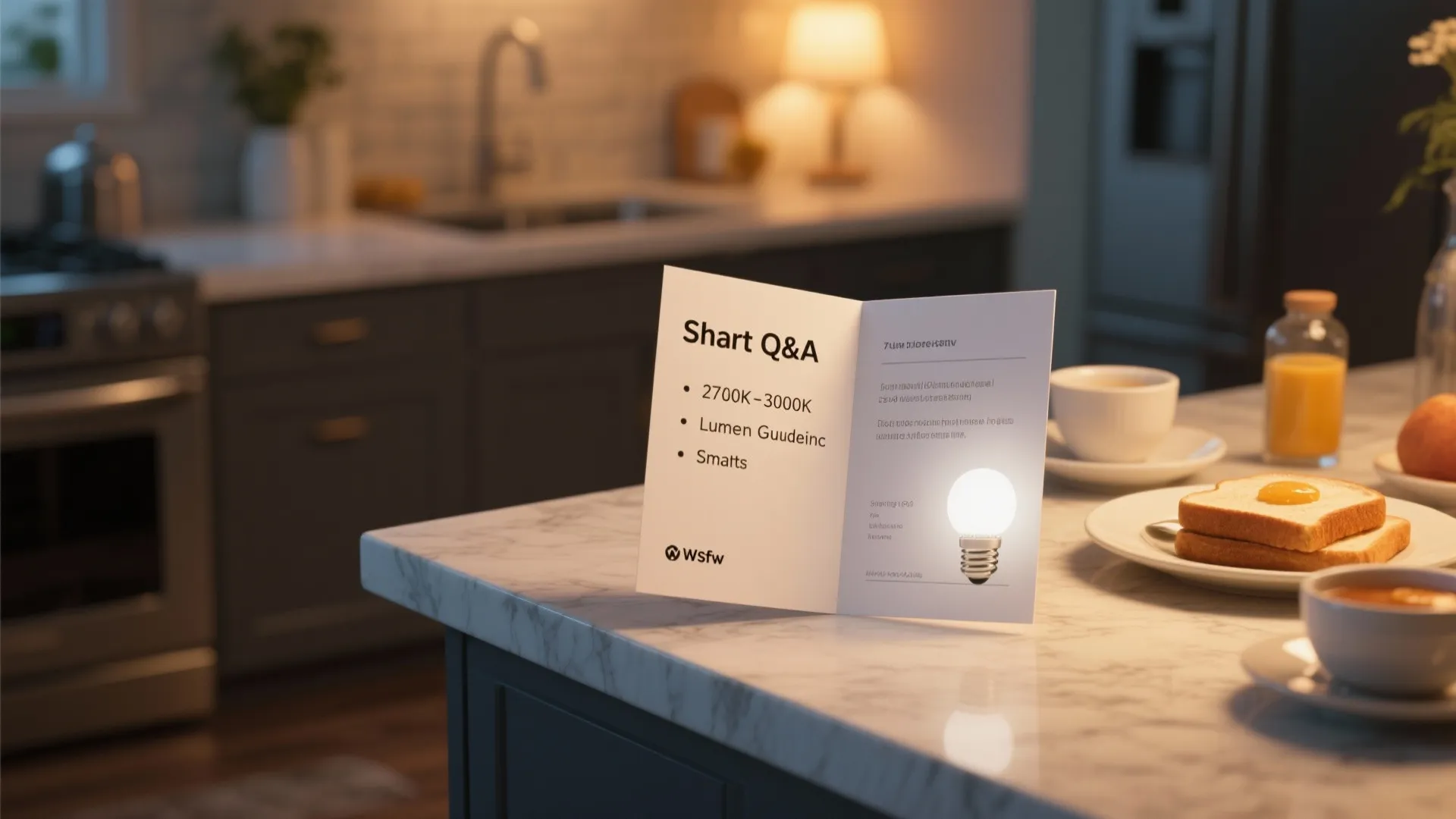 Kitchen counter with lighting guide card showing color temperature values next to breakfast and coffee