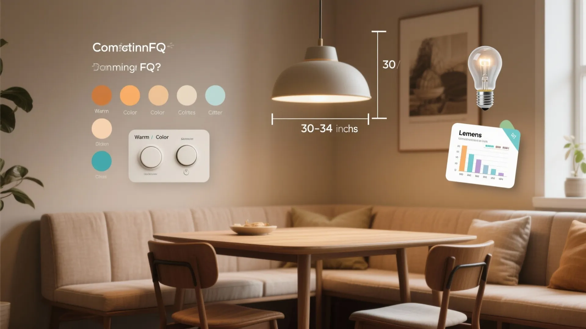 Dining corner with visual guides for pendant height, color temperature, and dimmer recommendations.