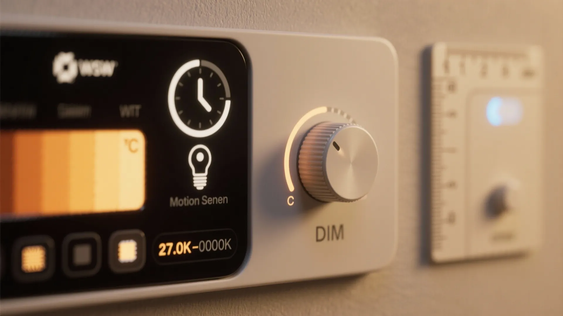 Smart light control panel with a round knob for dimming and a digital display screen