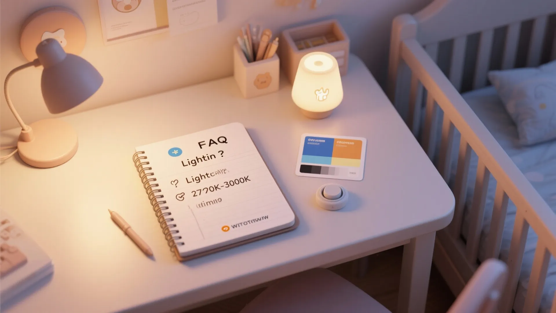 Notepad and color swatch illustrating nursery lighting FAQ and recommended 2700K–3000K warm temperature.