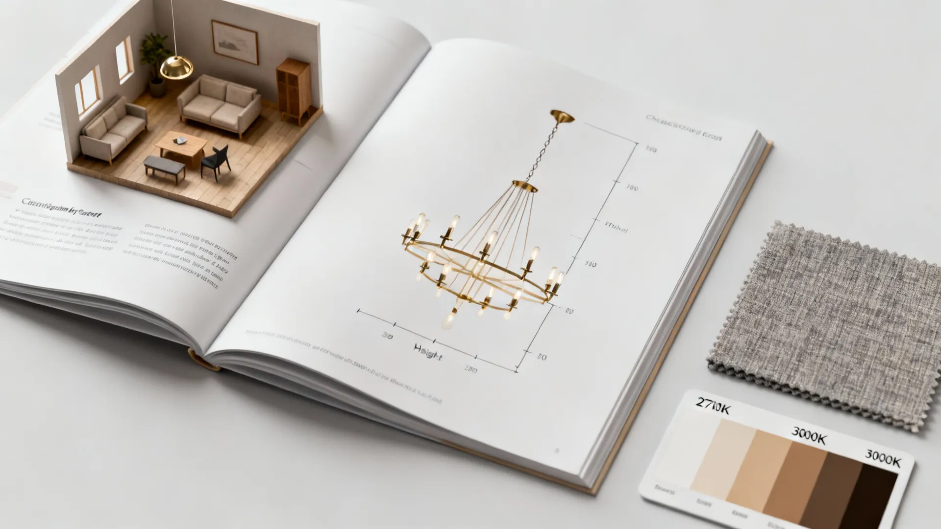 Open book showing interior design drawing of ceiling light with fabric swatches and color cards