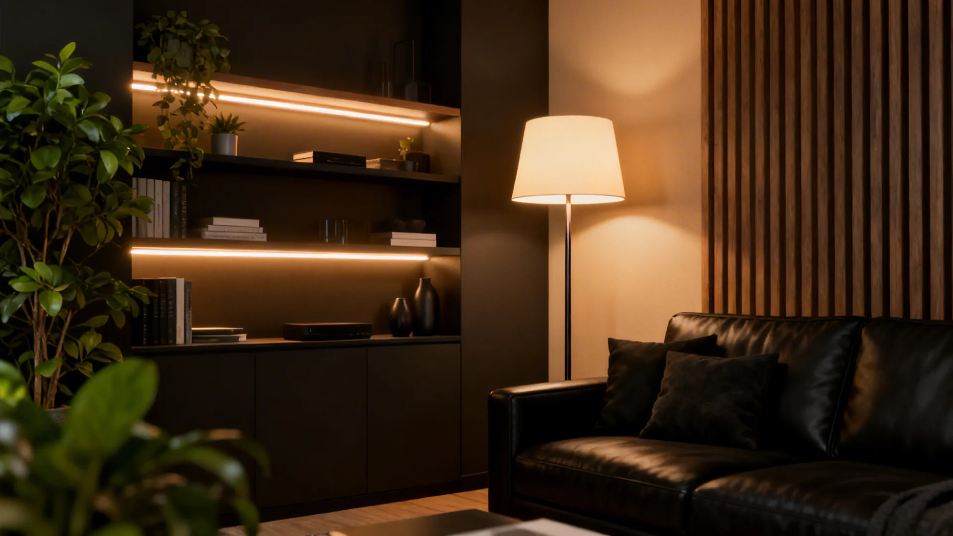 Layered lighting in a black-and-tan living room with plants and warm LEDs.