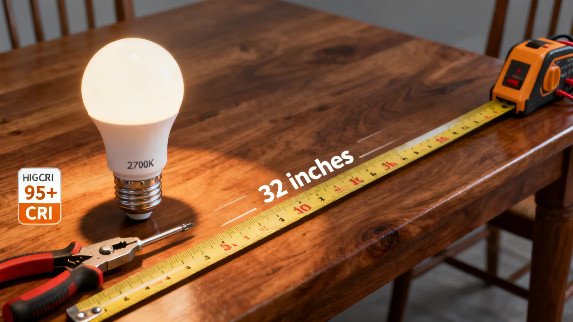Visual FAQ showing warm LED bulb, measuring tape over table, and electrician toolkit