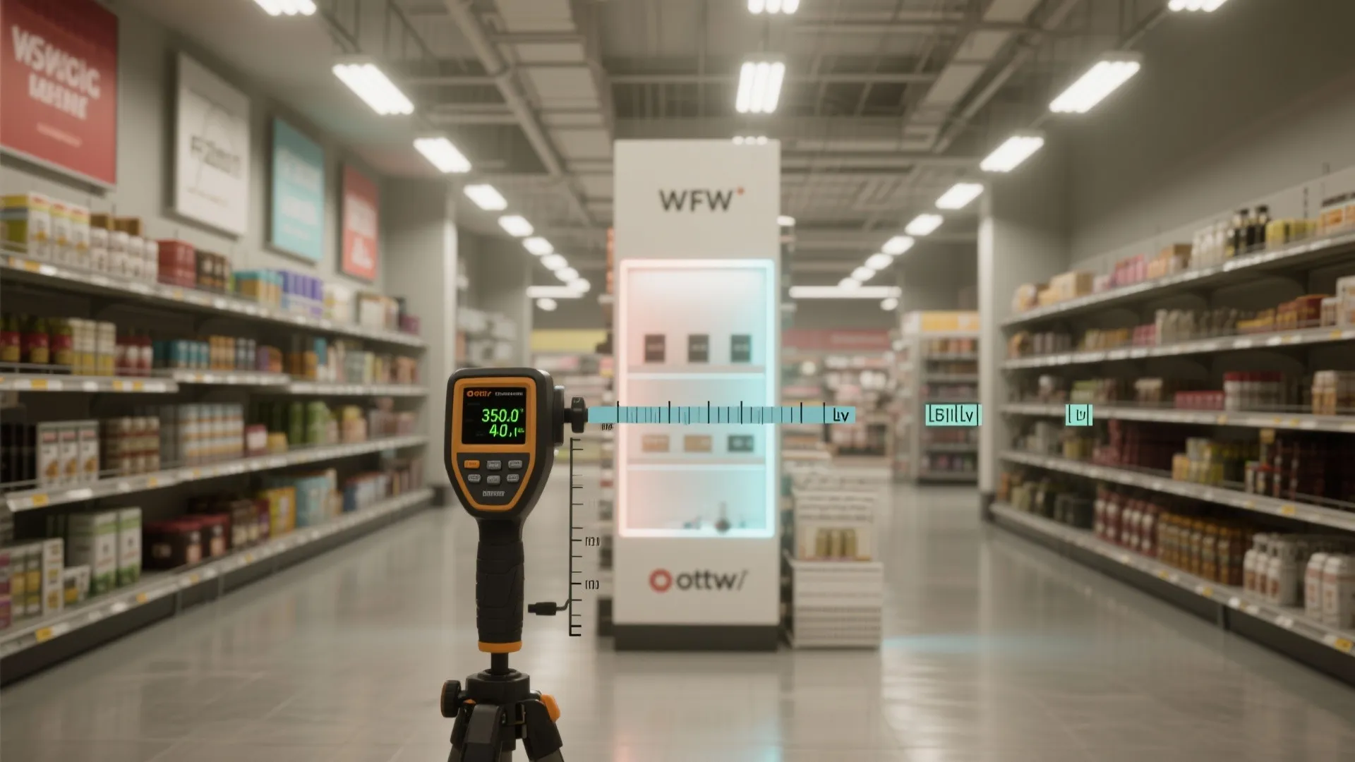 Retail aisle demonstrating different lux levels between general lighting and a highlighted feature display.